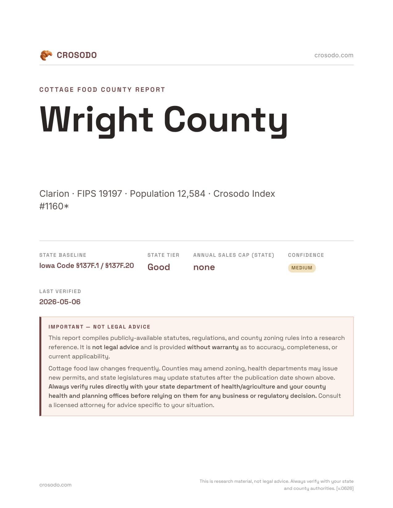 Cover of Wright County, Iowa cottage food report