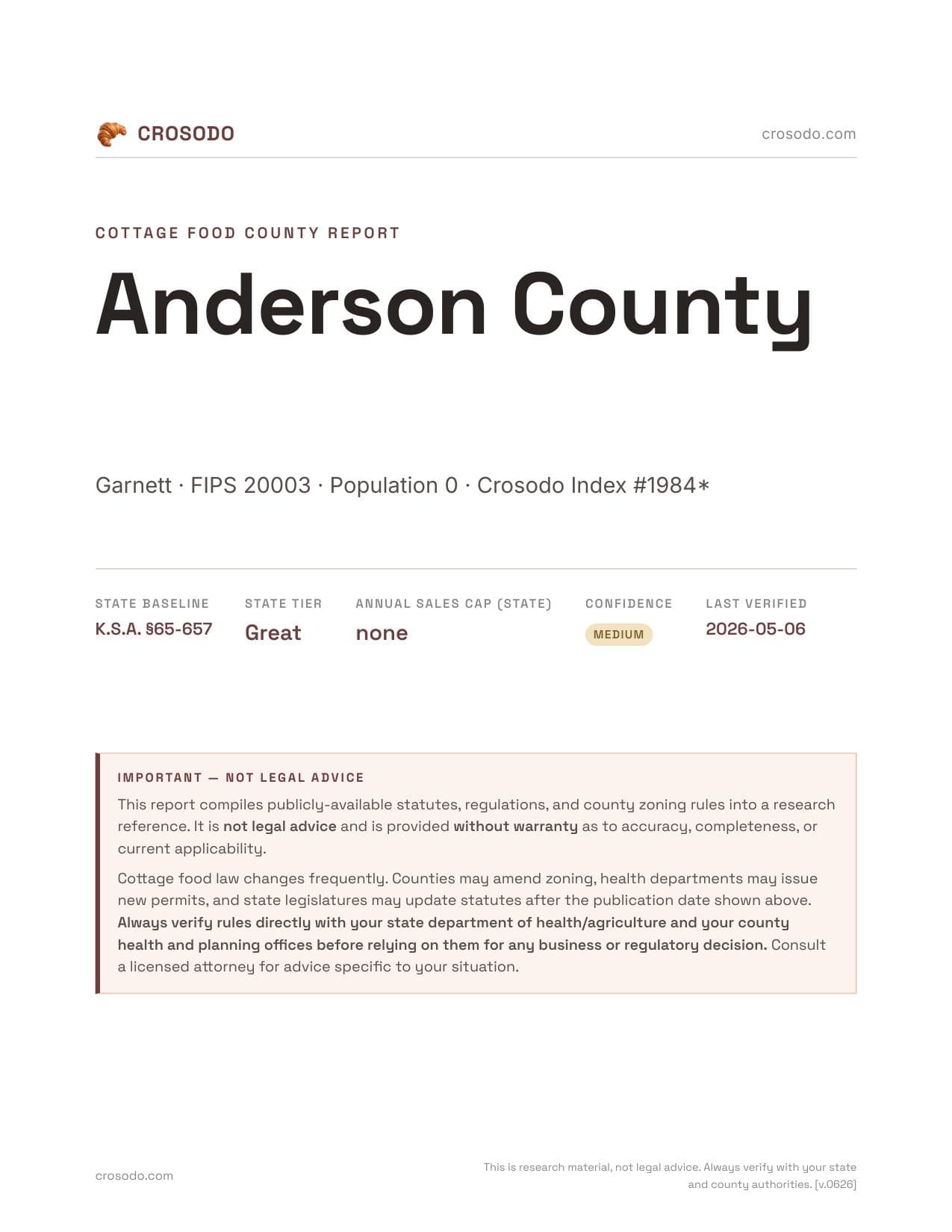 Cover of Anderson County county cottage food report