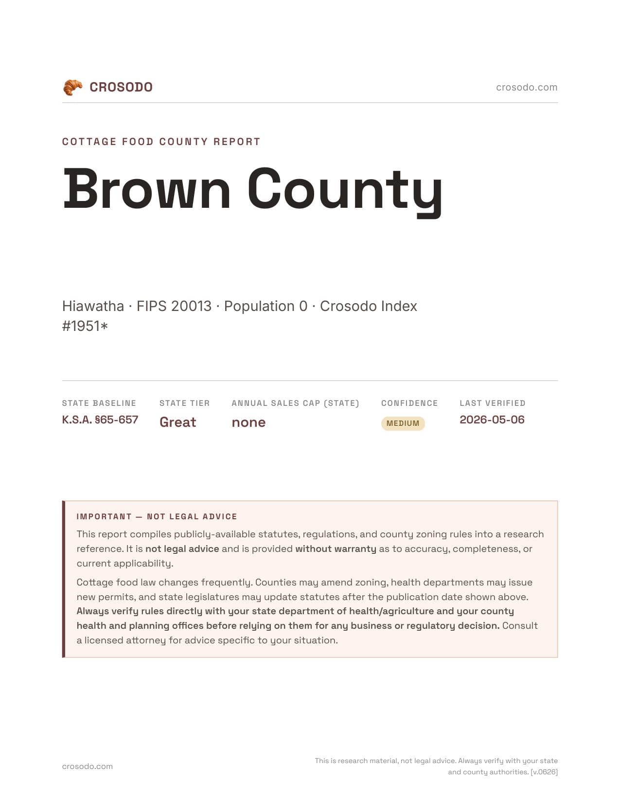 Cover of Brown County county cottage food report