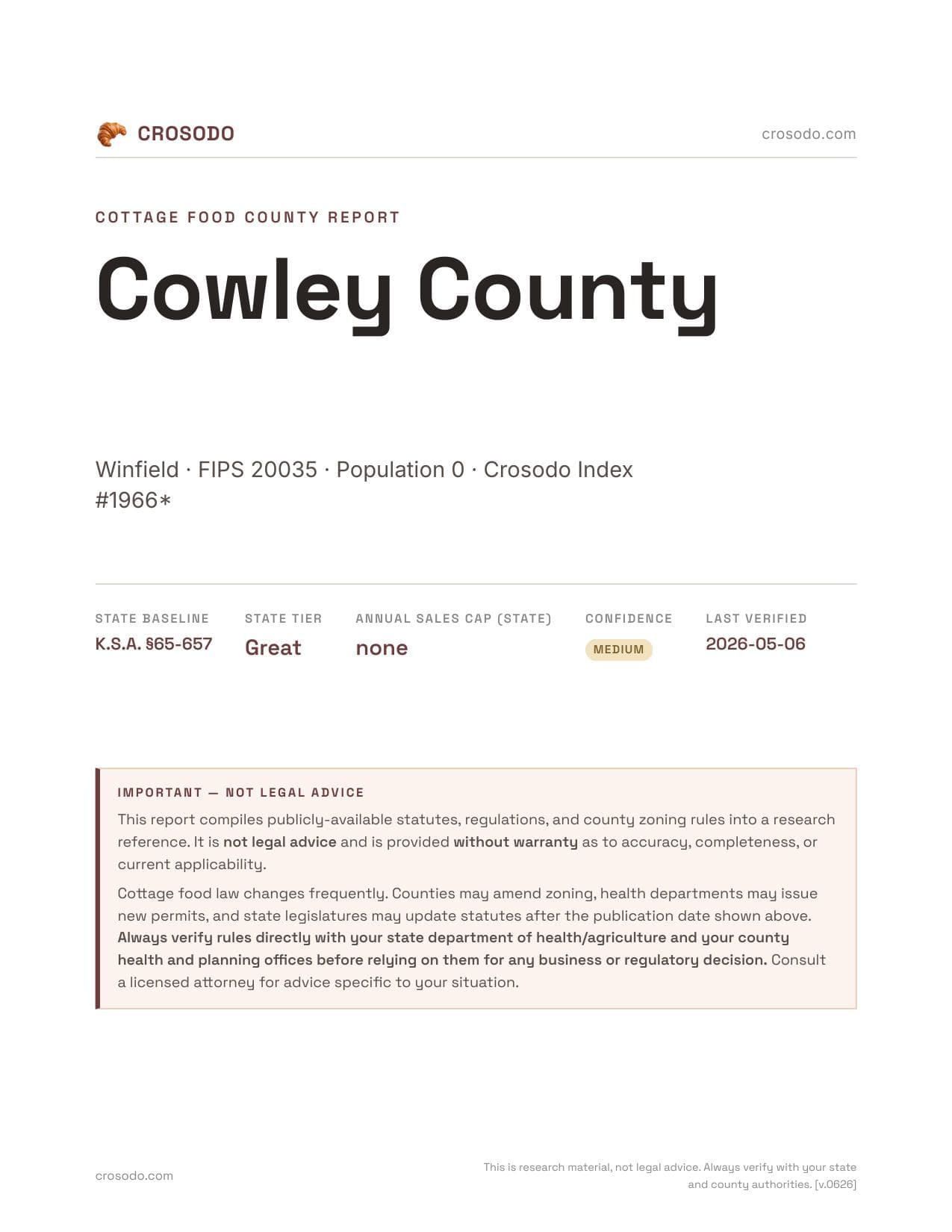 Cover of Cowley County county cottage food report