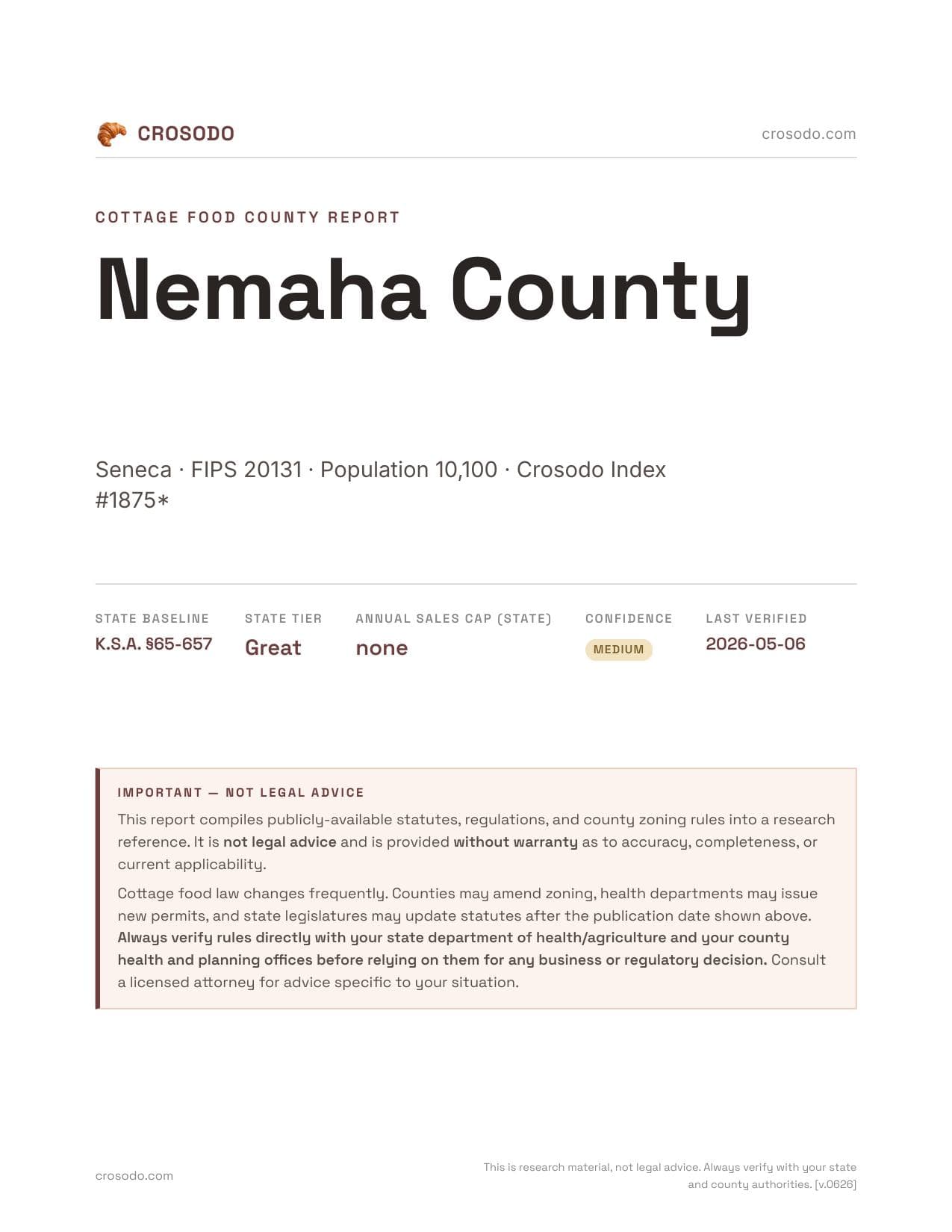 Cover of Nemaha County county cottage food report