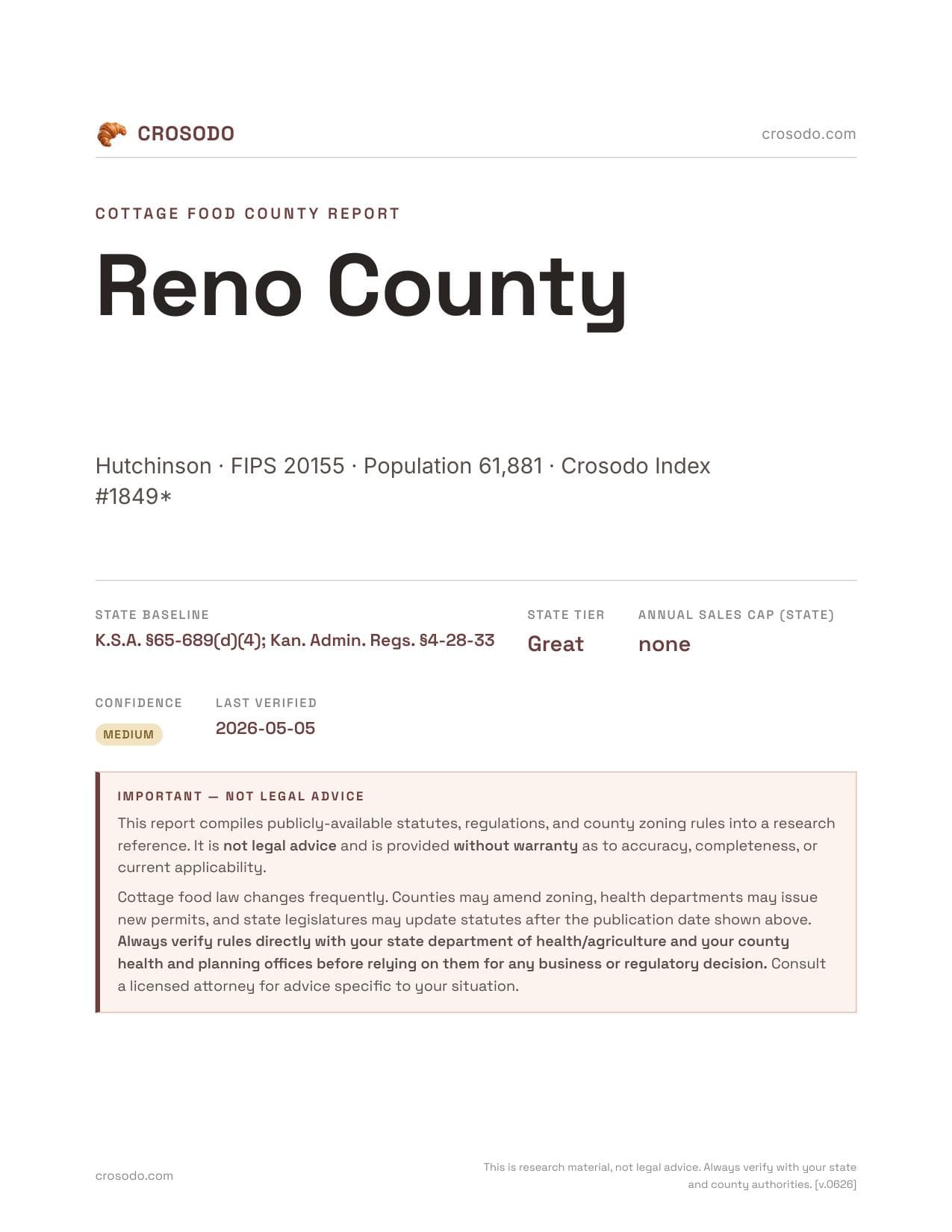 Cover of Reno County county cottage food report