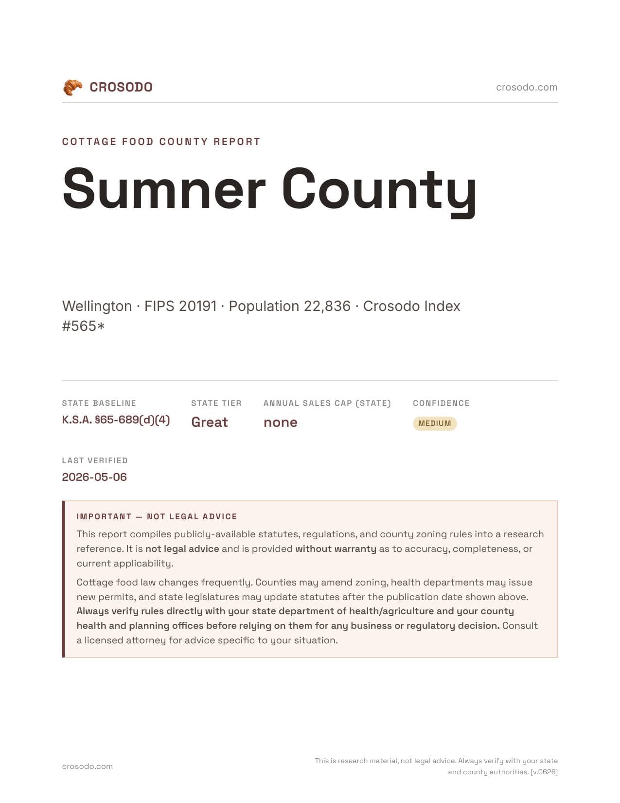Cover of Sumner County county cottage food report