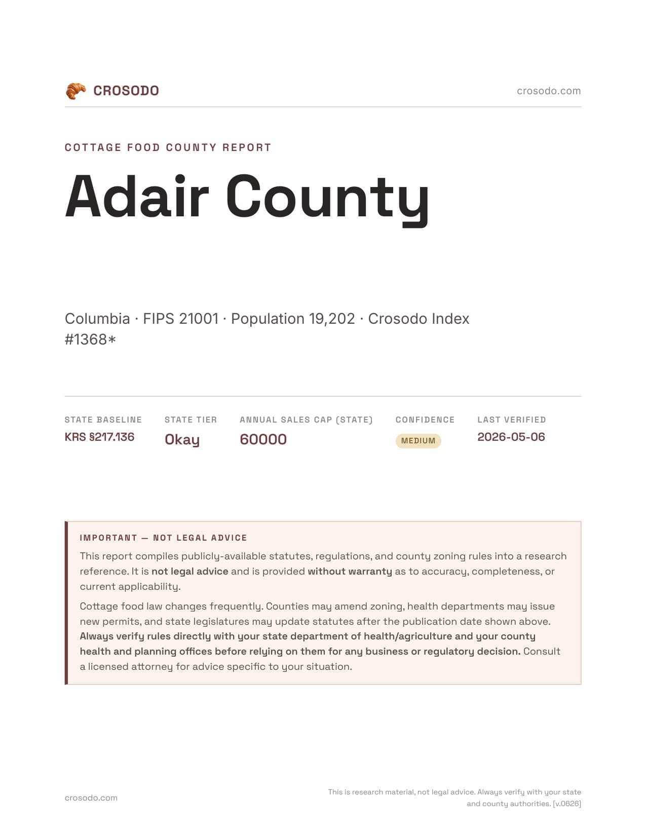 Cover of Adair County, Kentucky cottage food report