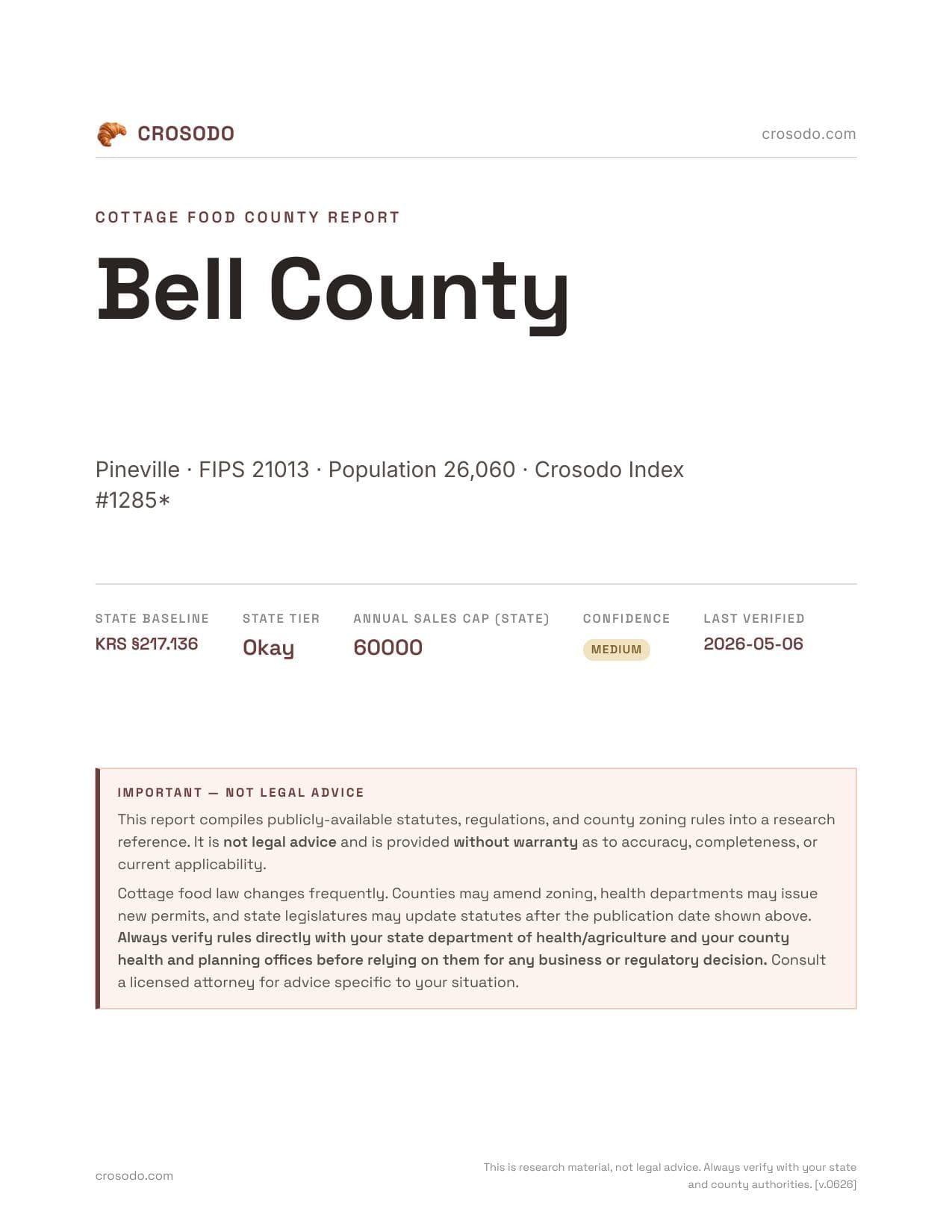 Cover of Bell County county cottage food report
