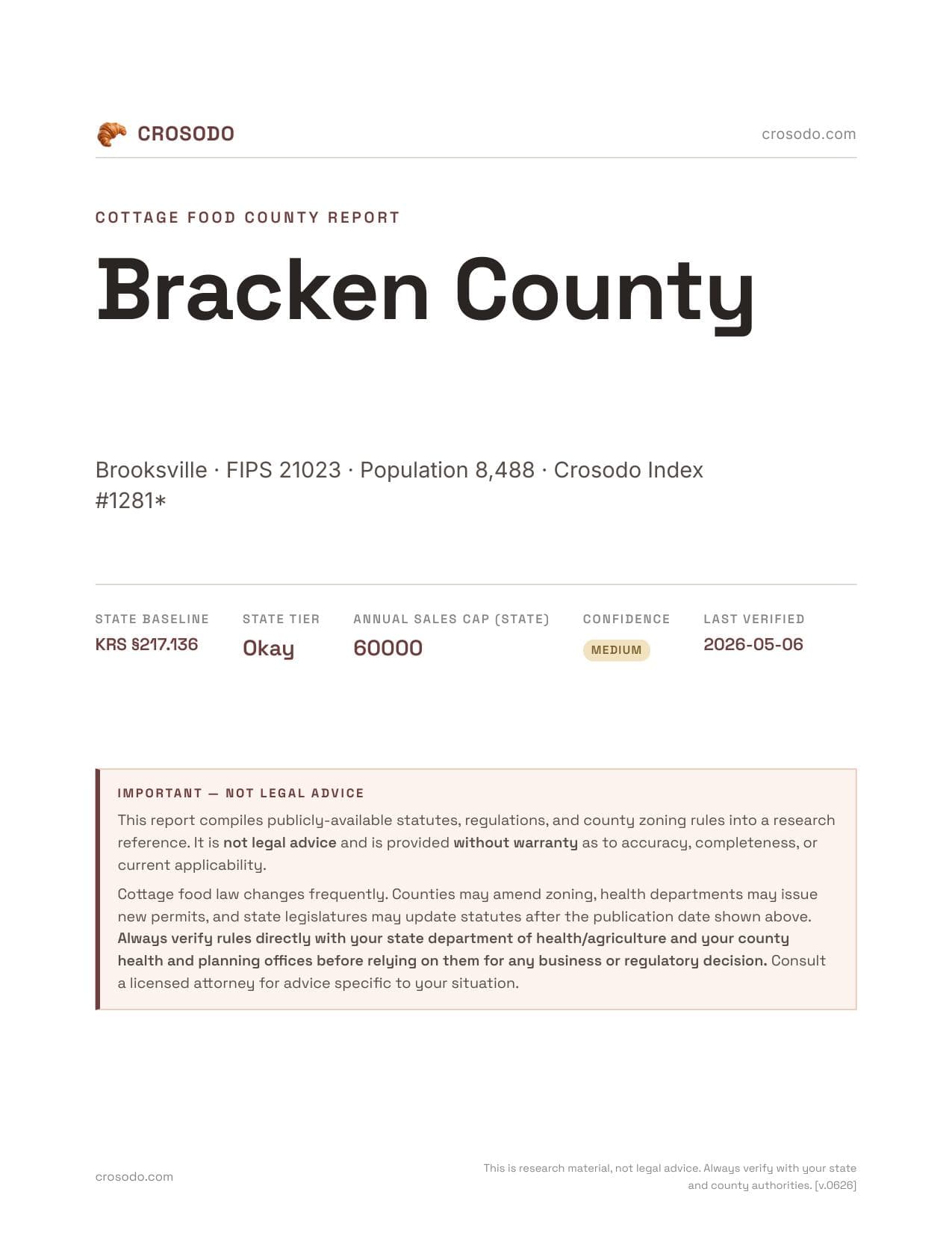 Cover of Bracken County county cottage food report