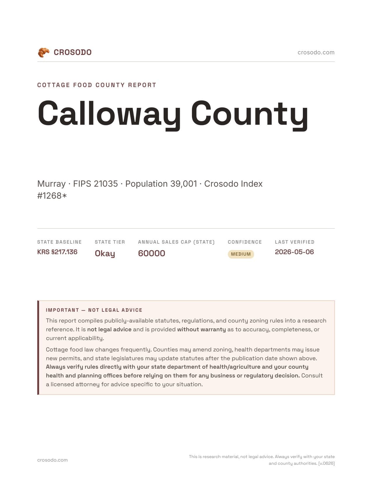 Cover of Calloway County county cottage food report