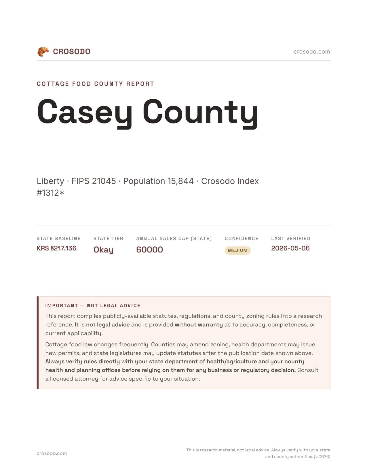 Cover of Casey County county cottage food report
