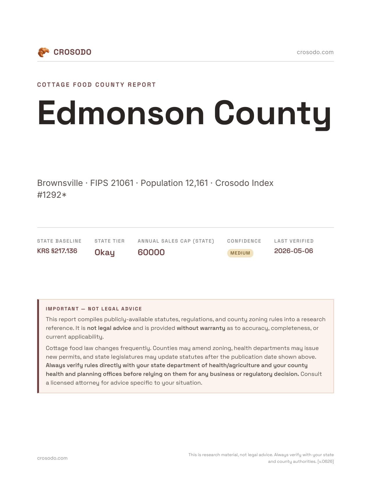 Cover of Edmonson County county cottage food report