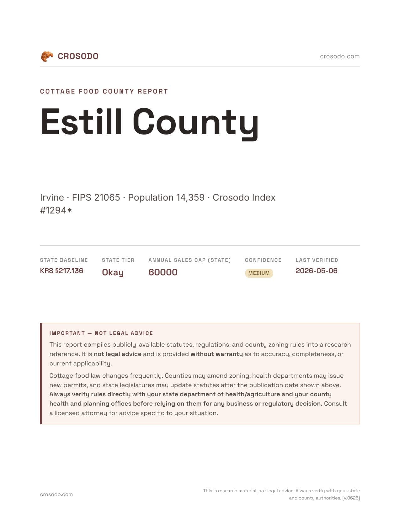 Cover of Estill County county cottage food report