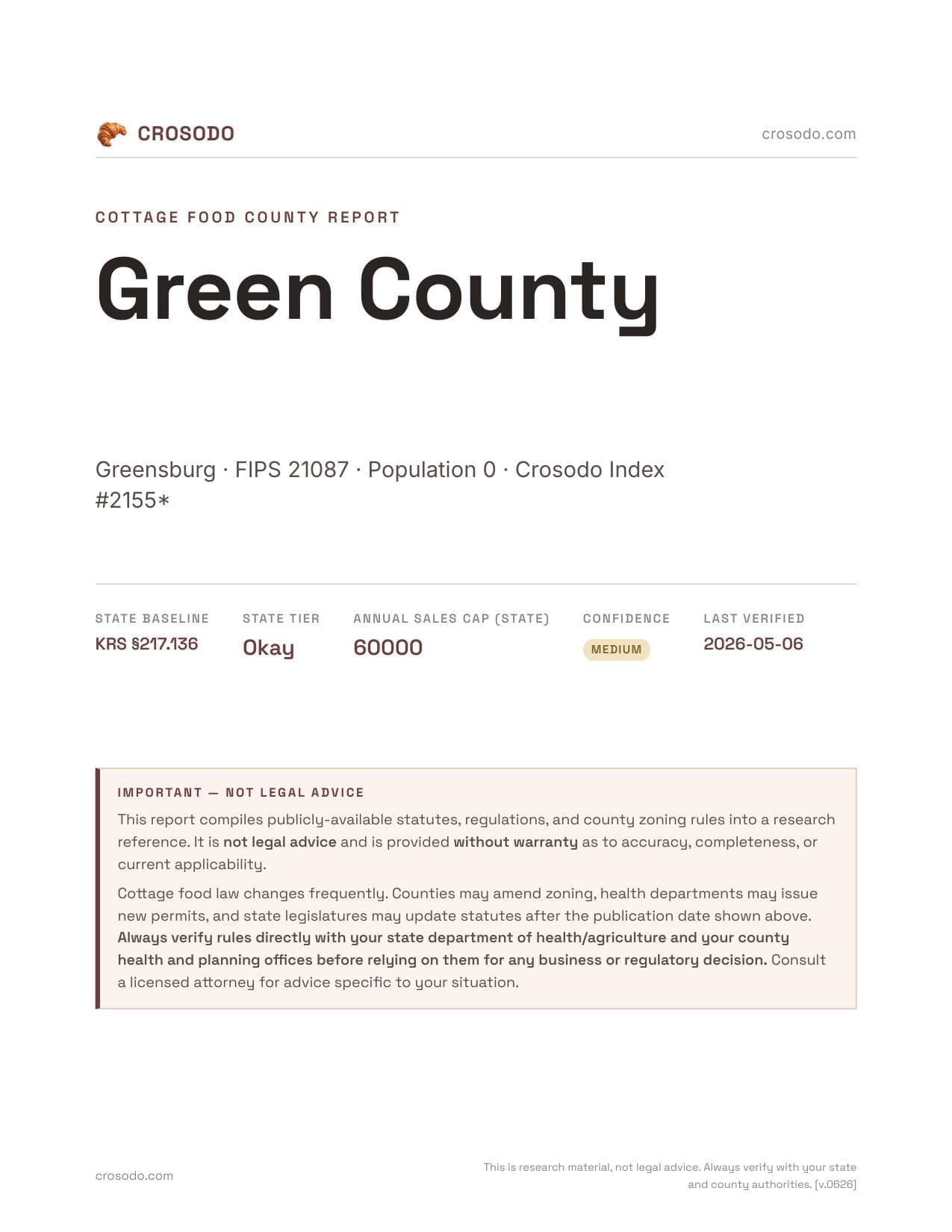 Cover of Green County county cottage food report