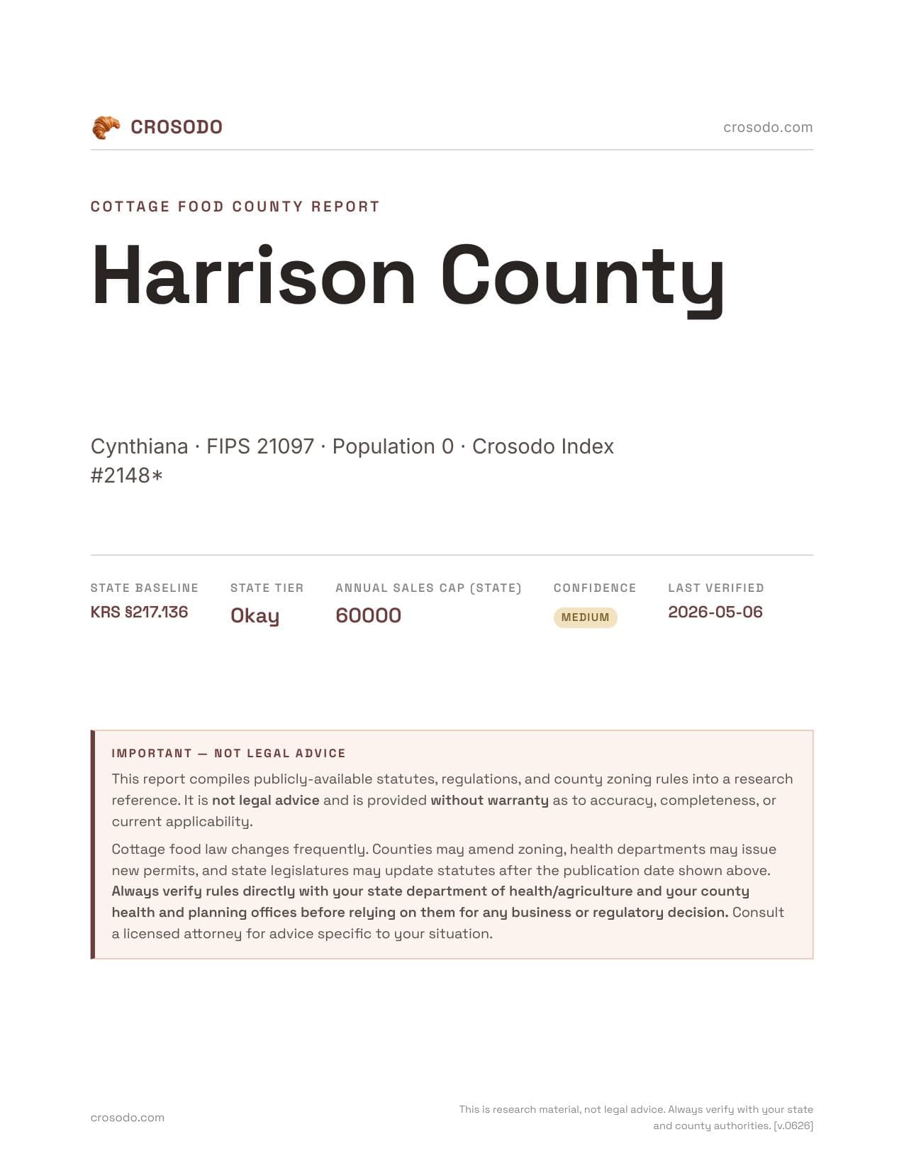 Cover of Harrison County, Kentucky cottage food report