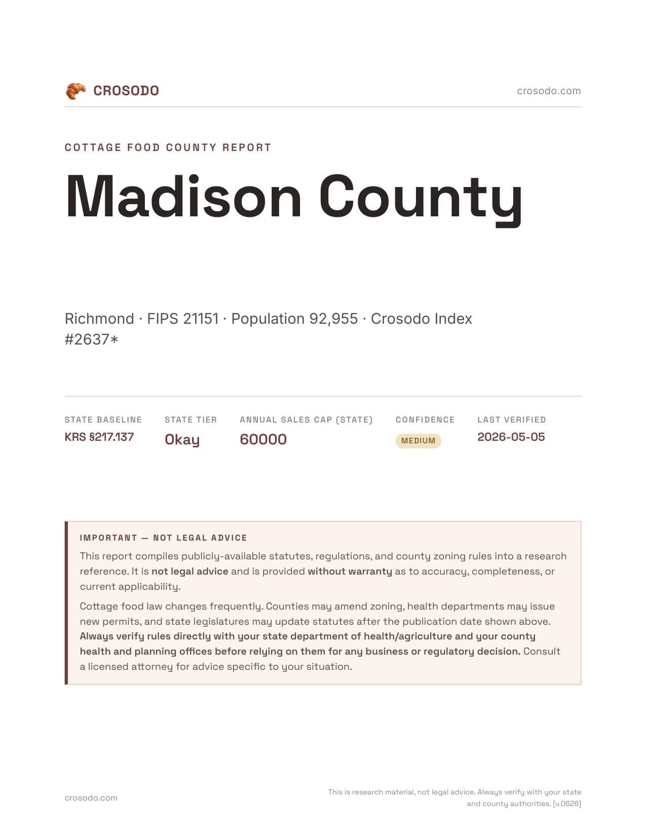 Cover of Madison County county cottage food report