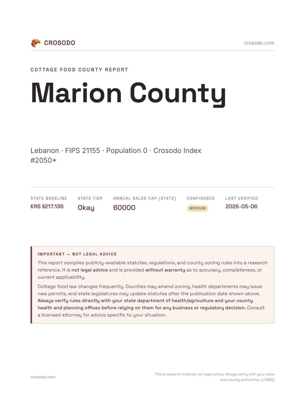 Cover of Marion County county cottage food report