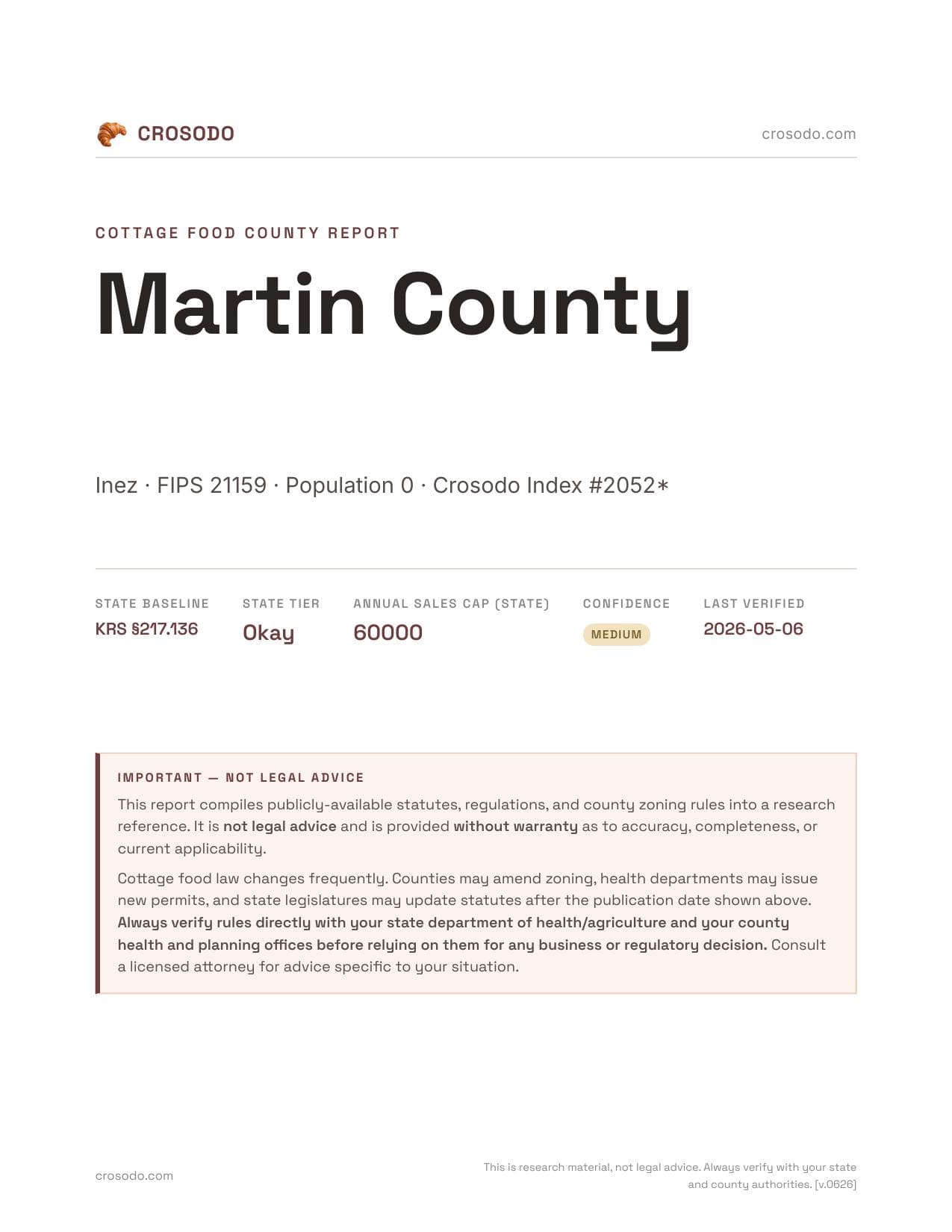 Cover of Martin County county cottage food report