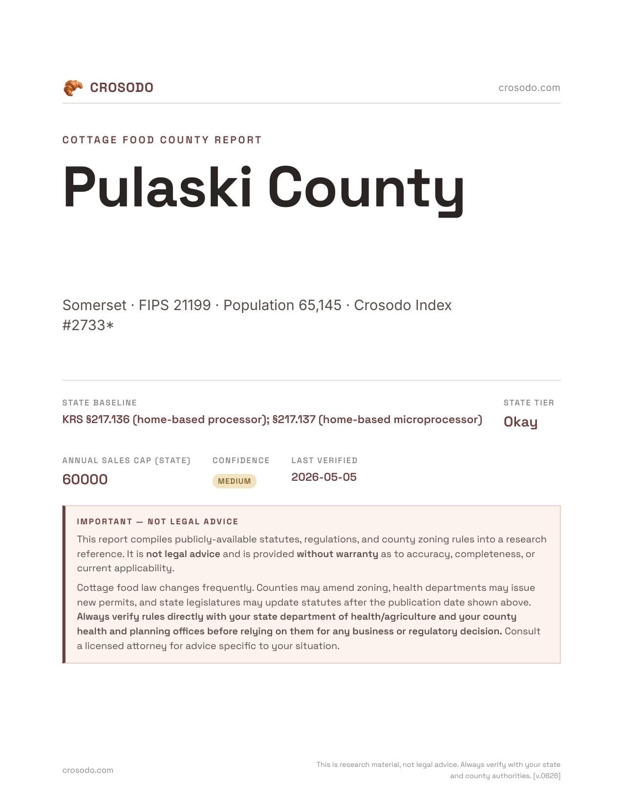 Cover of Pulaski County county cottage food report