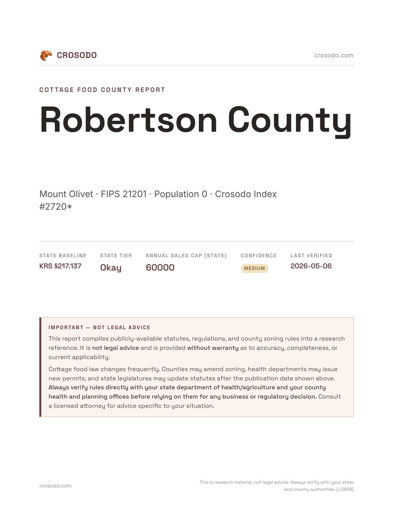 Cover of Robertson County county cottage food report