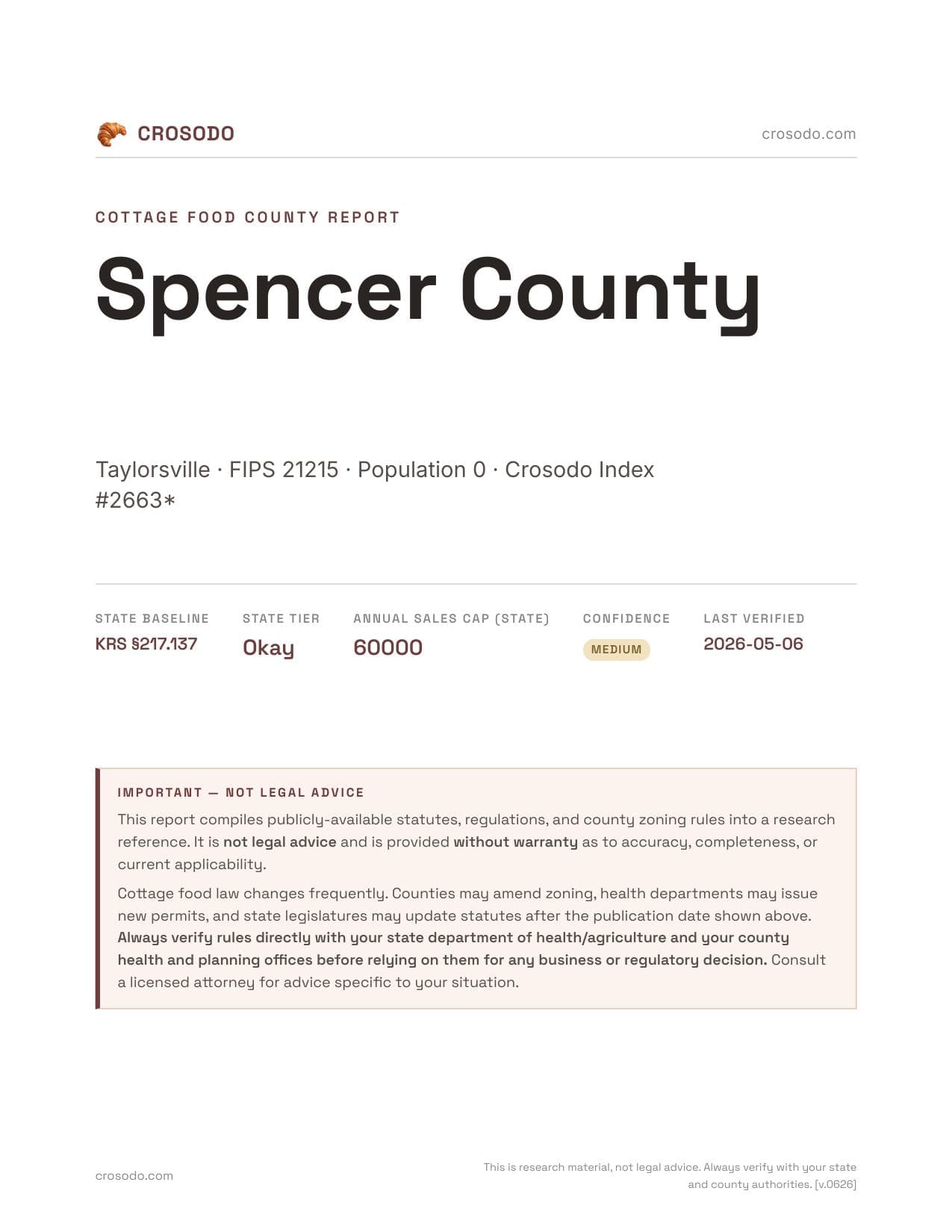 Cover of Spencer County county cottage food report