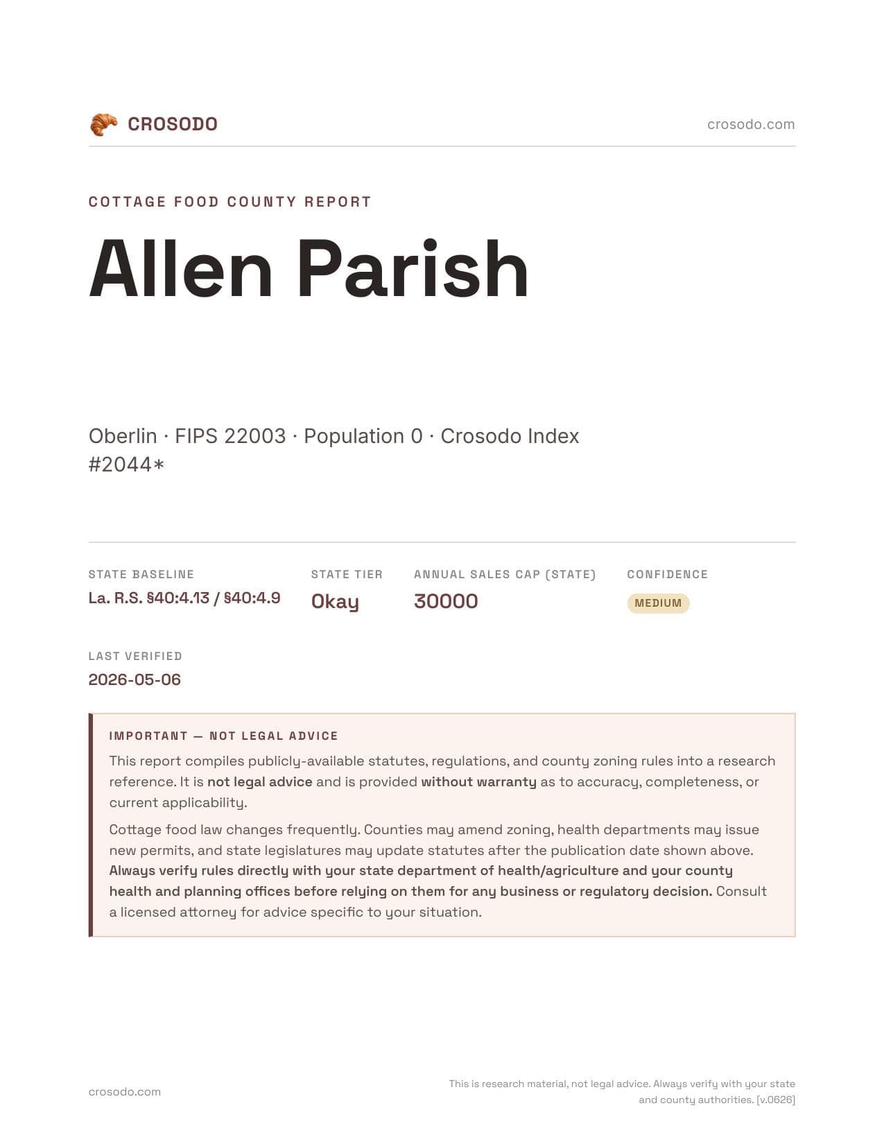 Cover of Allen Parish county cottage food report