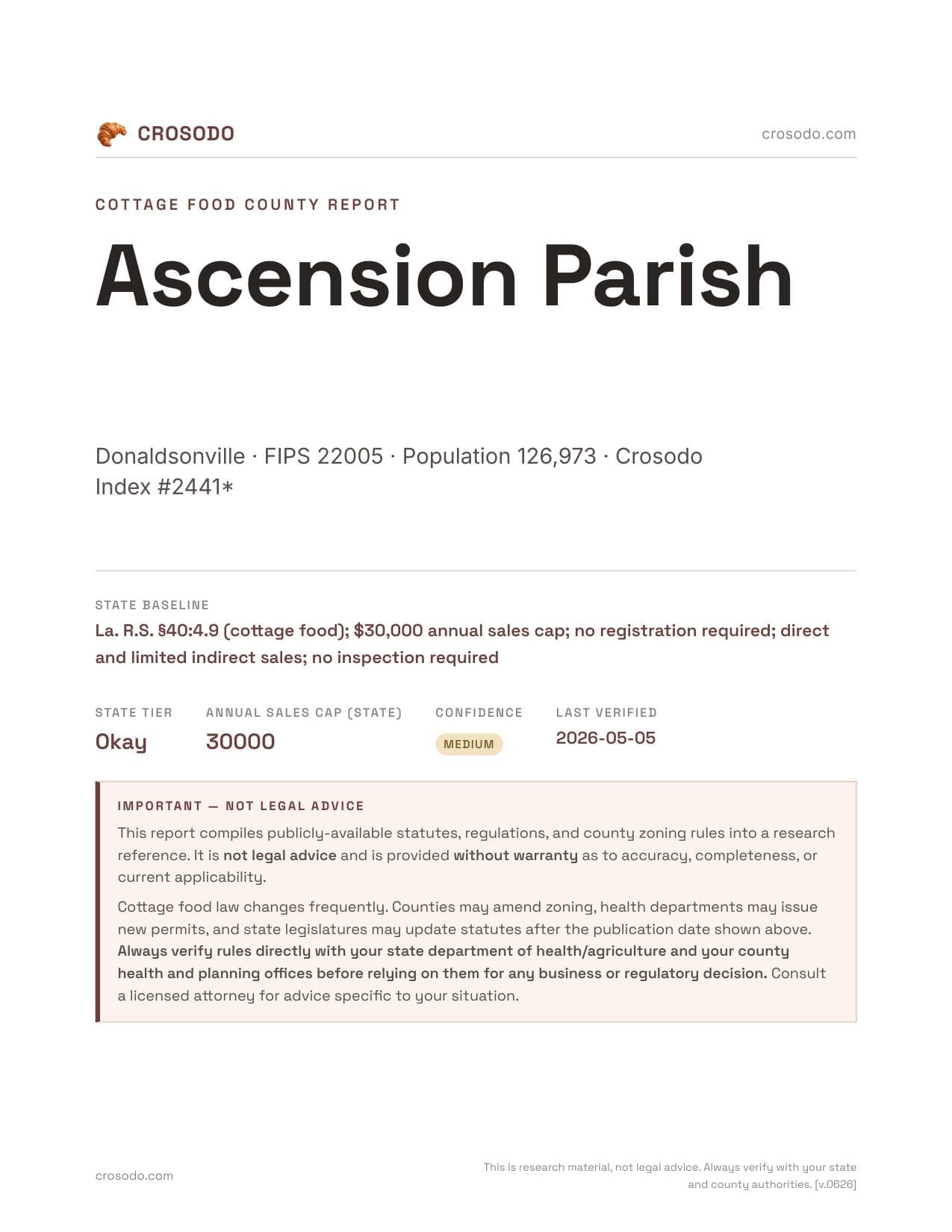 Cover of Ascension Parish county cottage food report
