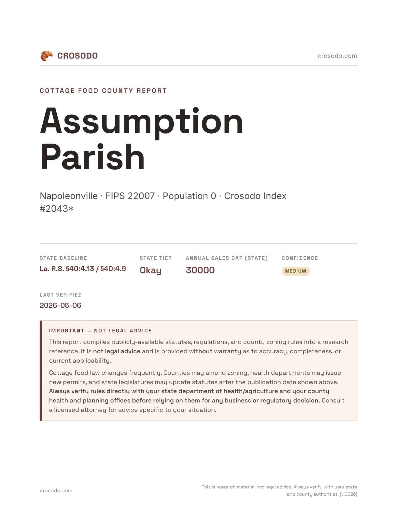 Cover of Assumption Parish county cottage food report