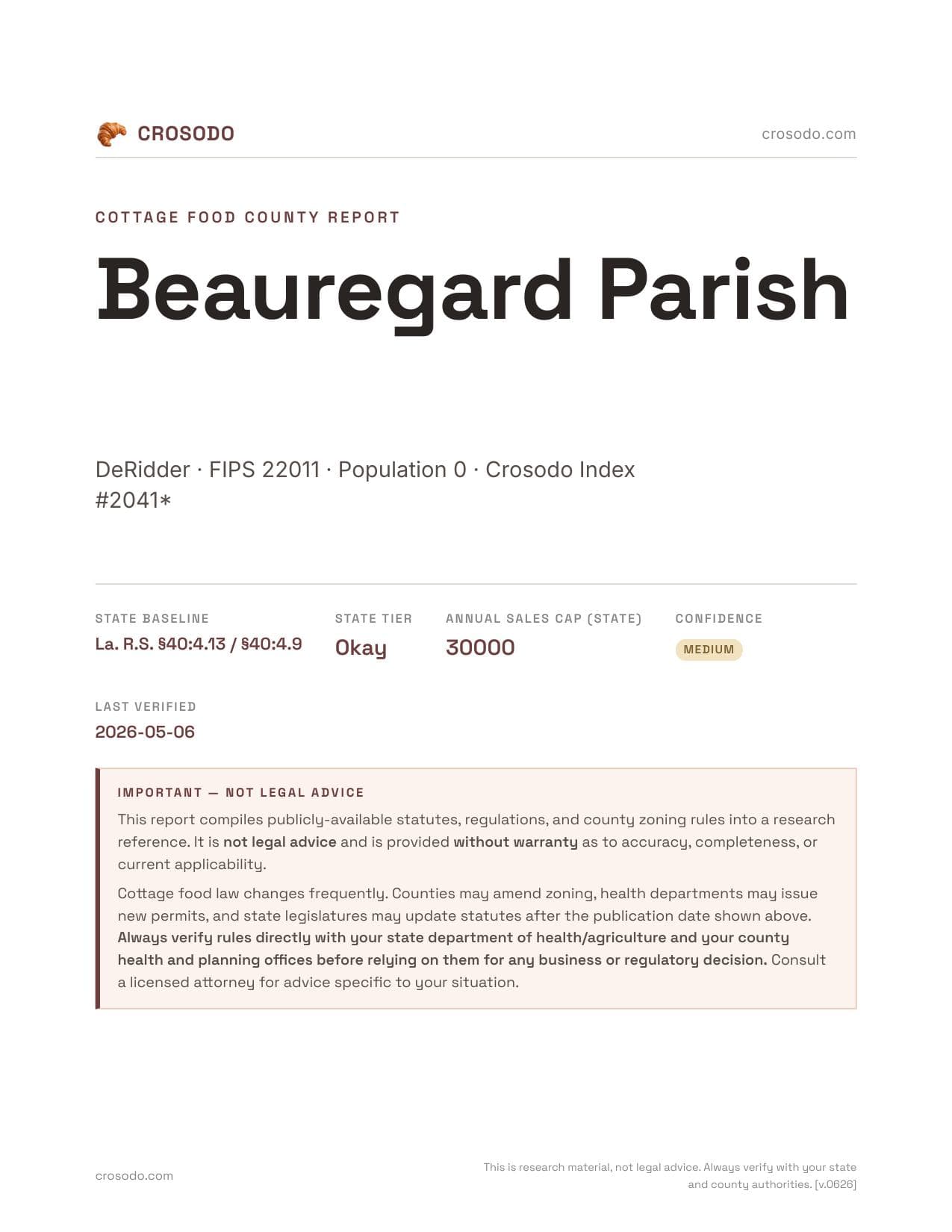Cover of Beauregard Parish county cottage food report