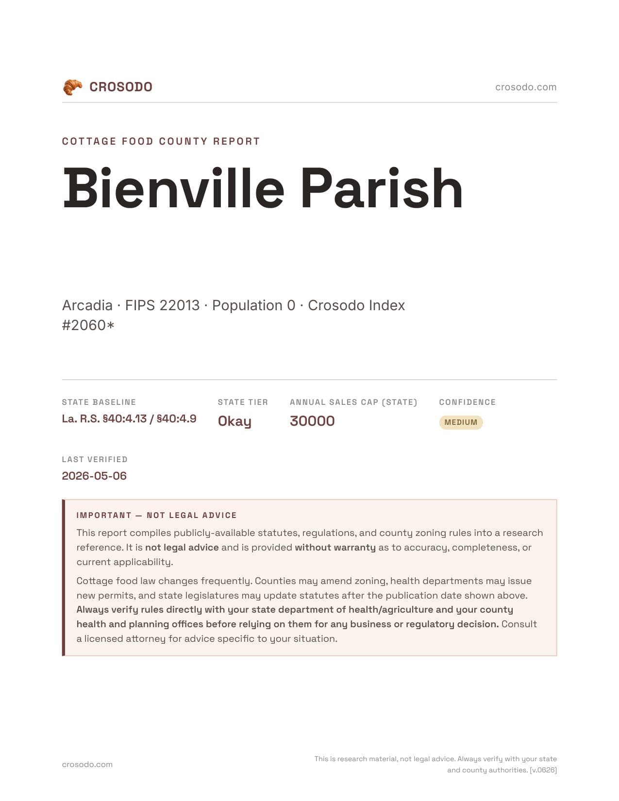 Cover of Bienville Parish county cottage food report