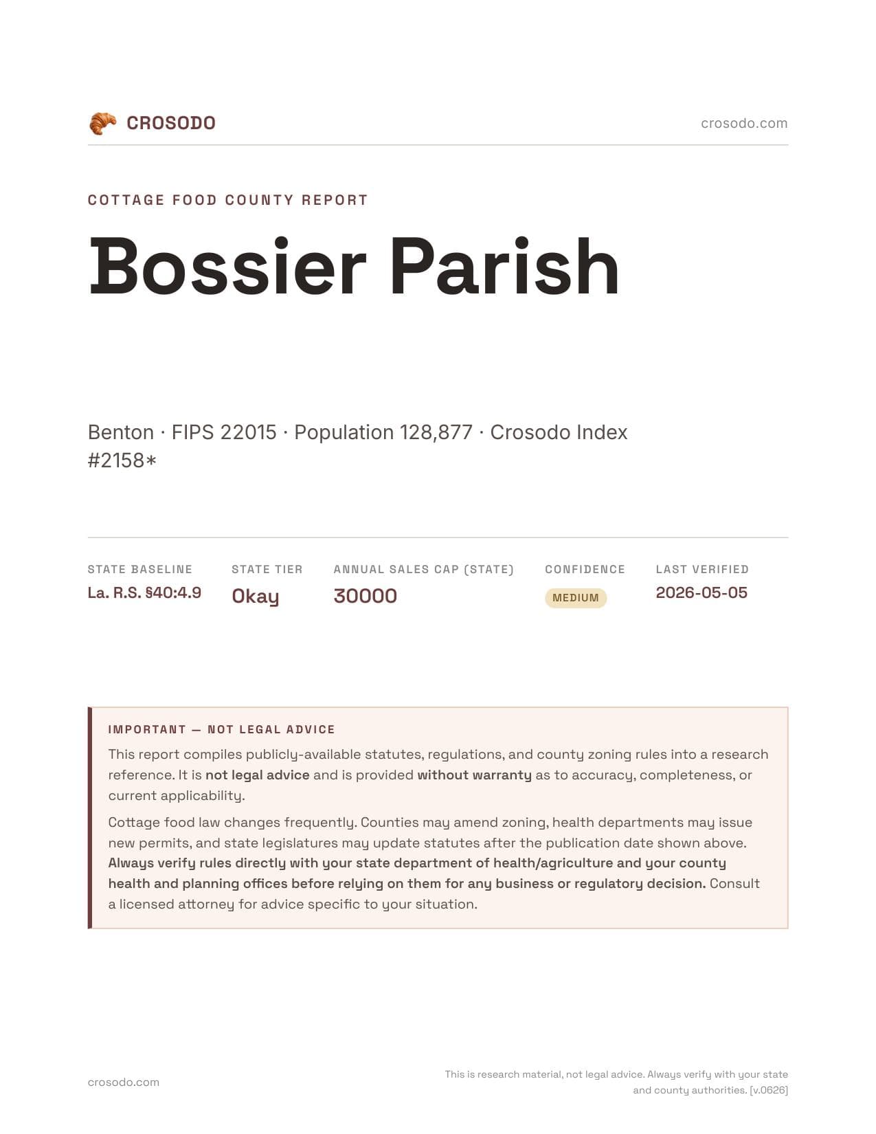 Cover of Bossier Parish county cottage food report