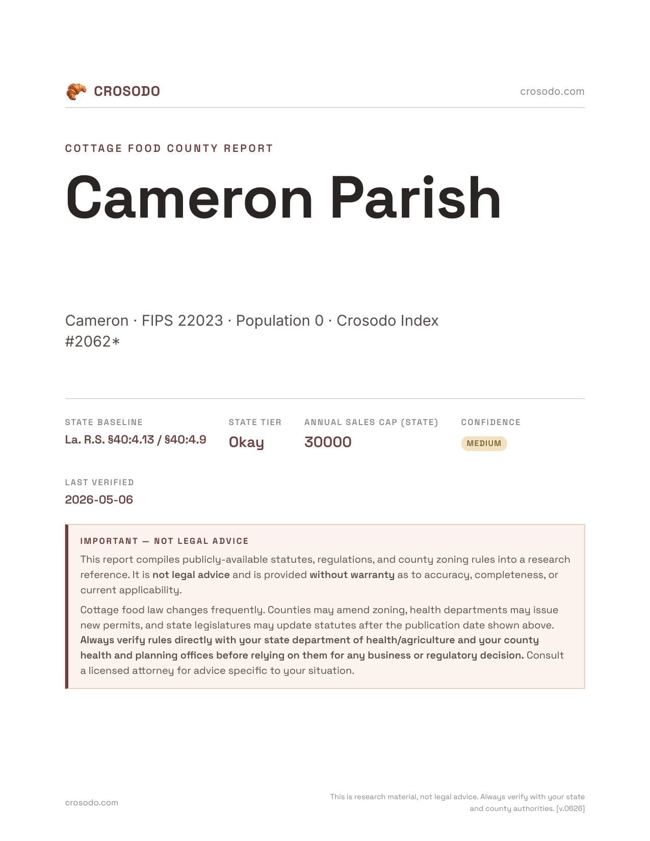 Cover of Cameron Parish county cottage food report