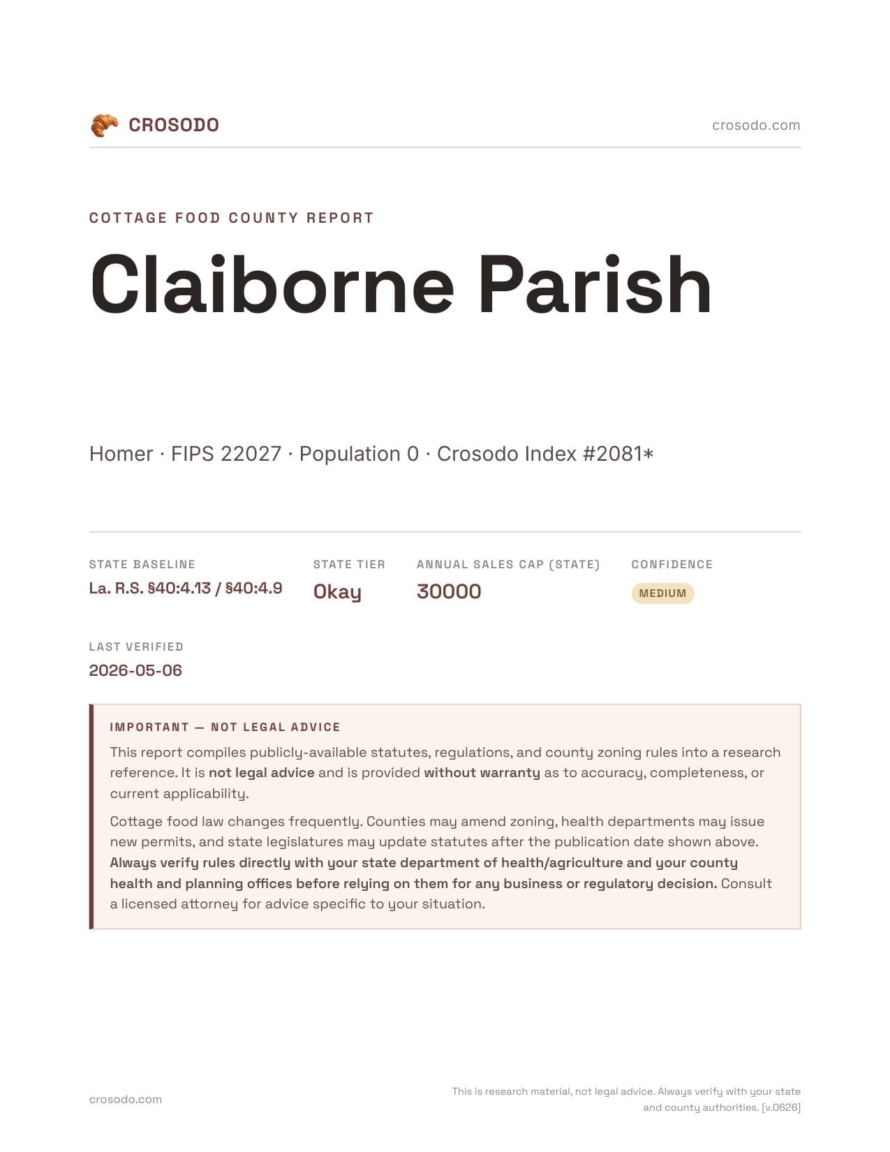Cover of Claiborne Parish county cottage food report
