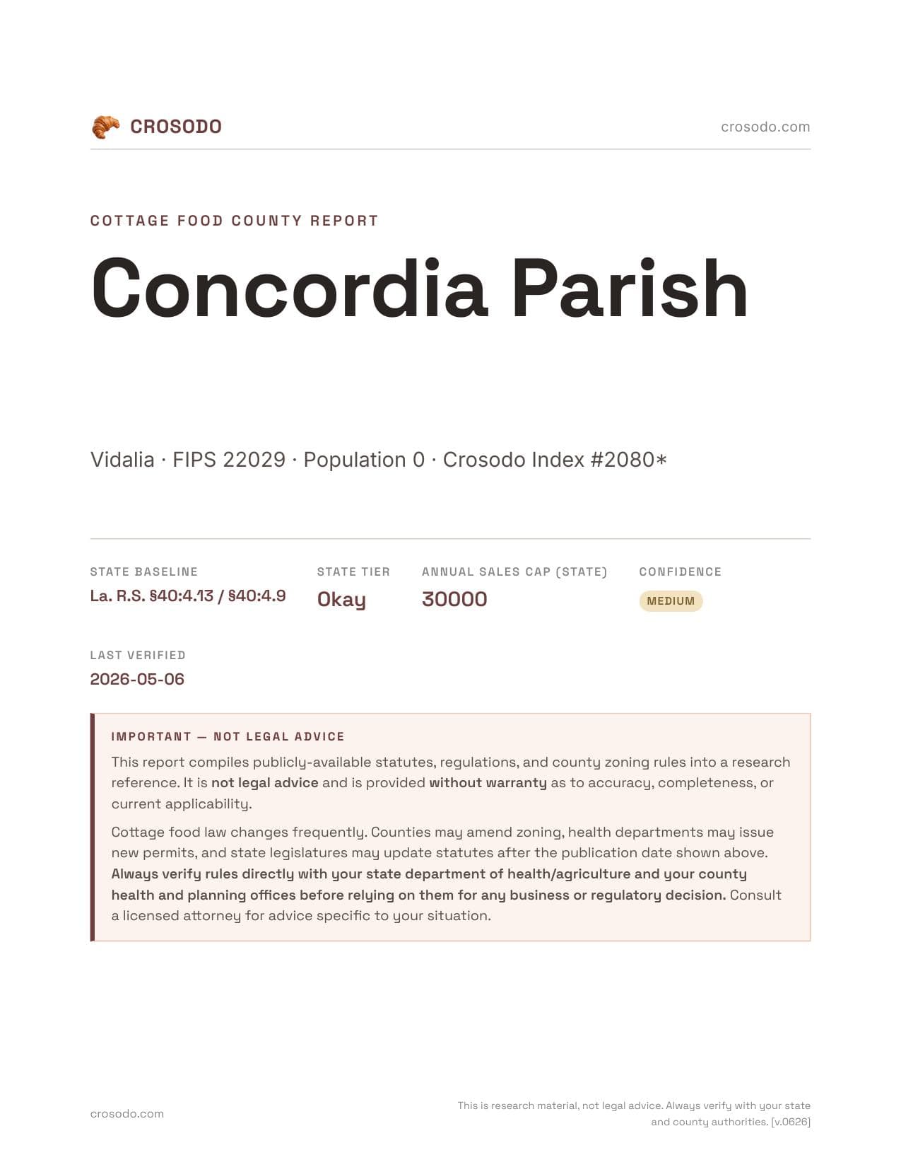 Cover of Concordia Parish county cottage food report