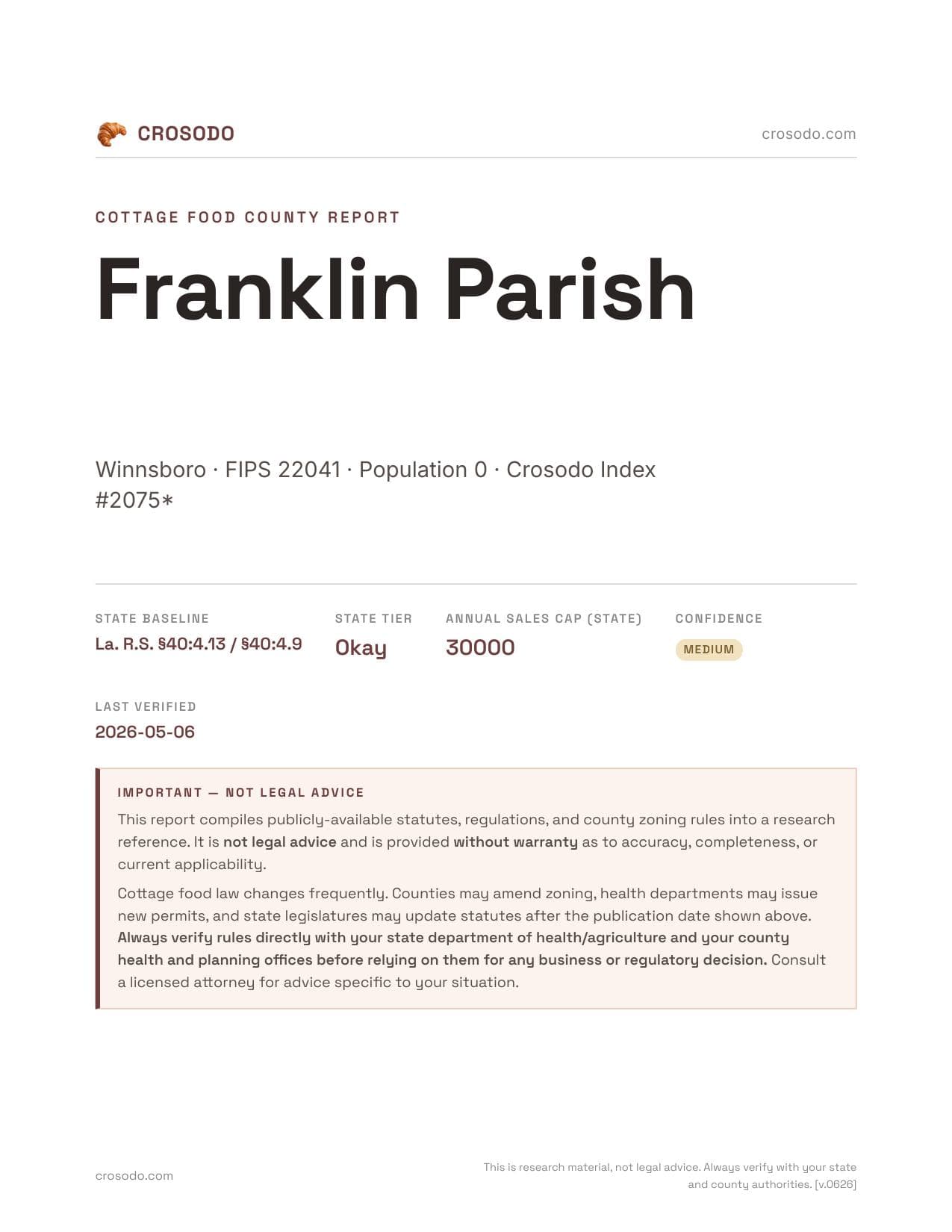 Cover of Franklin Parish county cottage food report