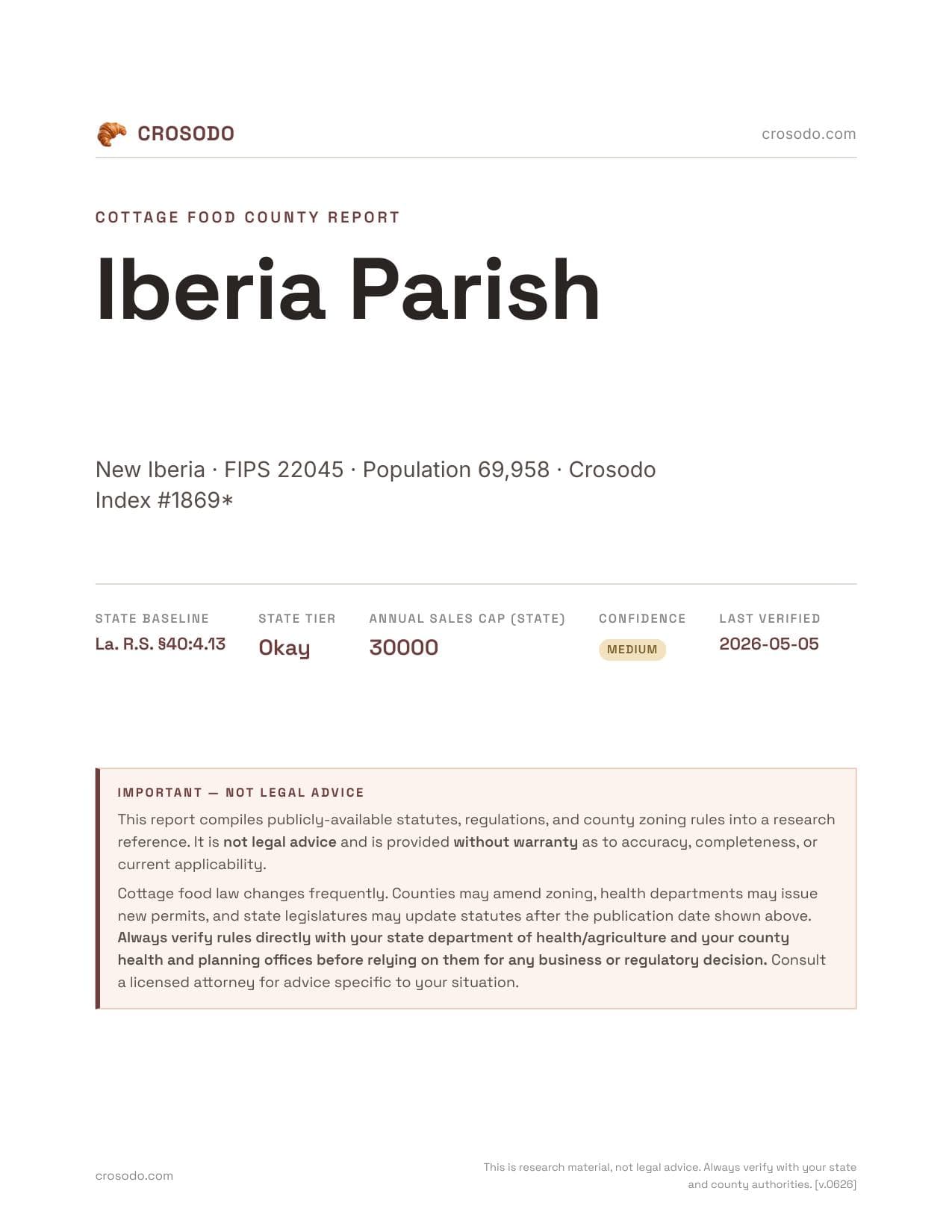Cover of Iberia Parish county cottage food report