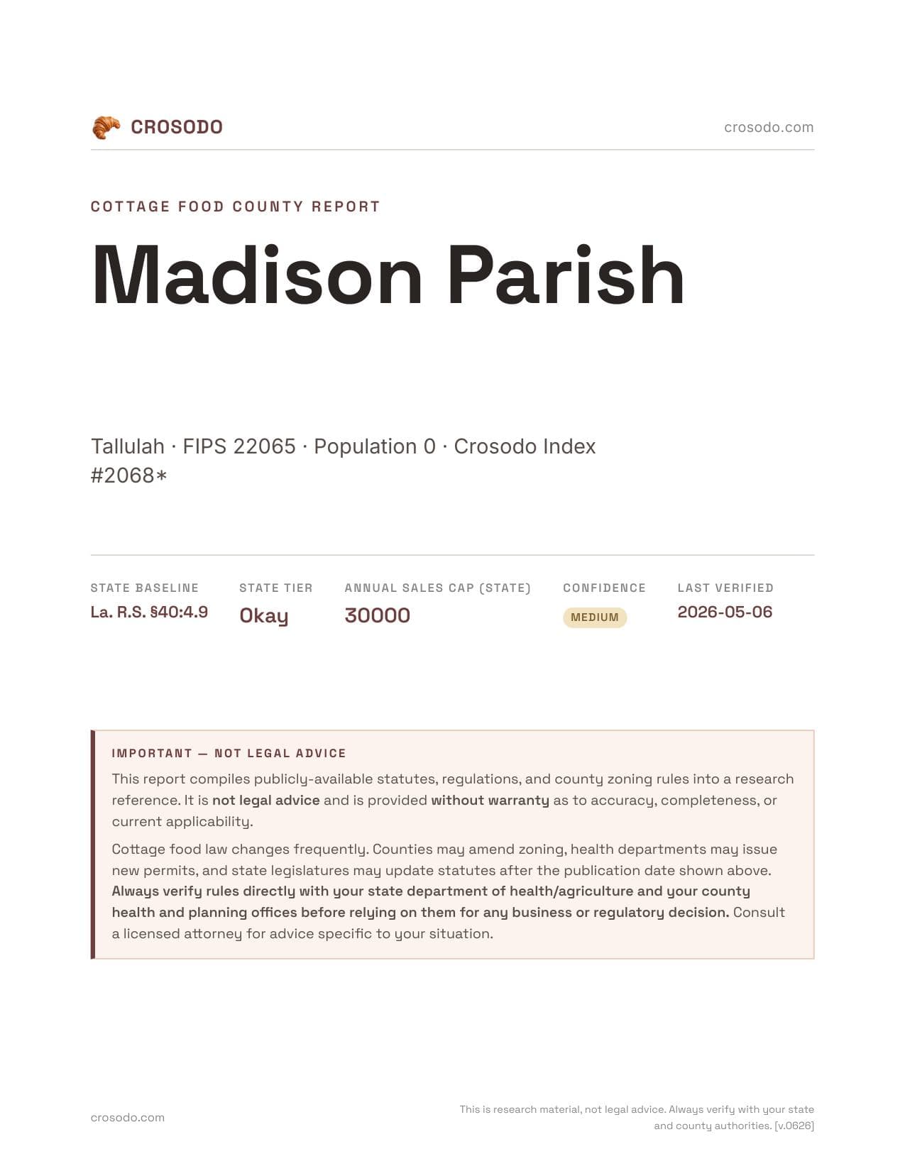Cover of Madison Parish county cottage food report