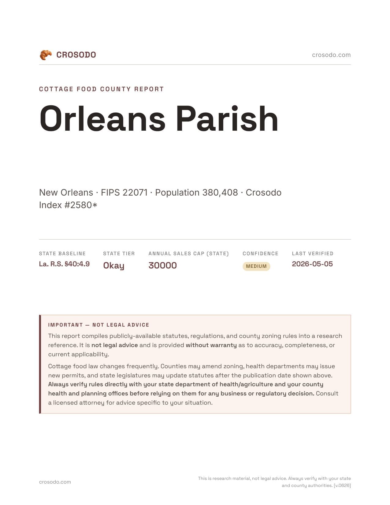 Cover of Orleans Parish county cottage food report