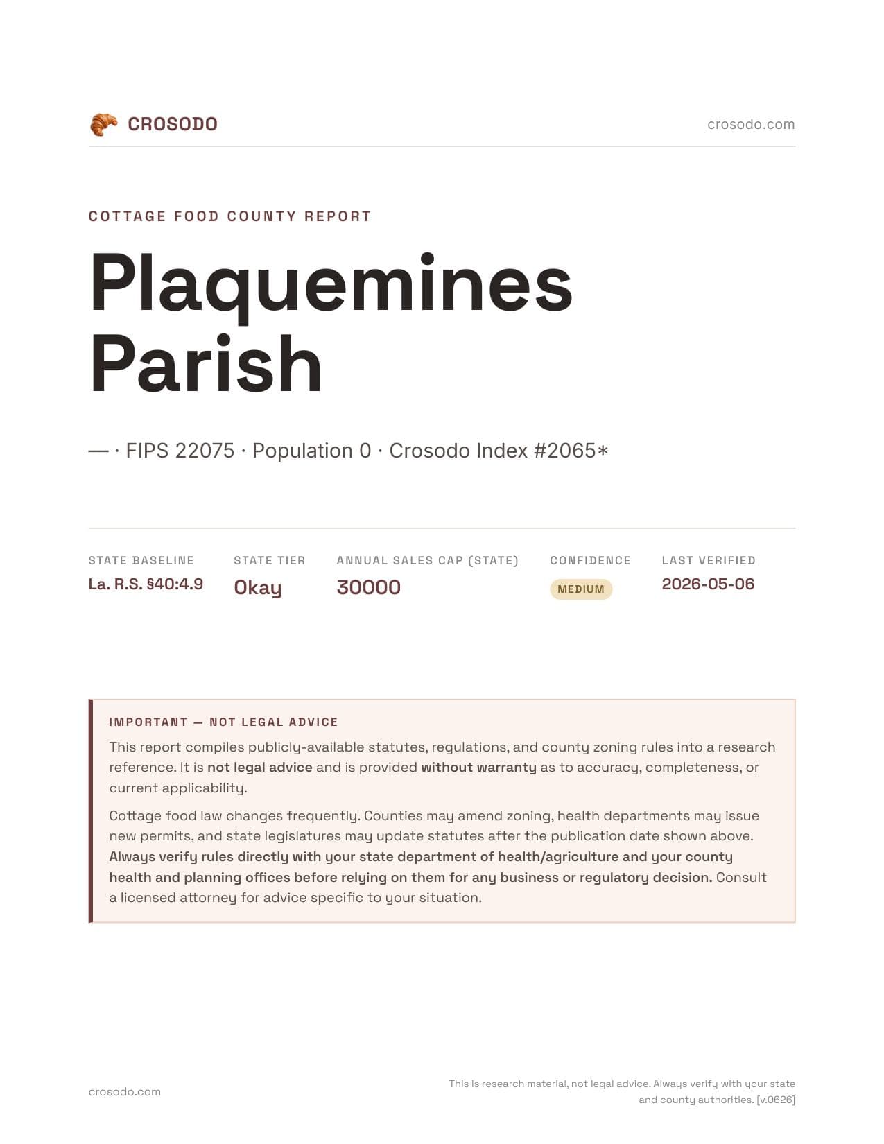 Cover of Plaquemines Parish county cottage food report
