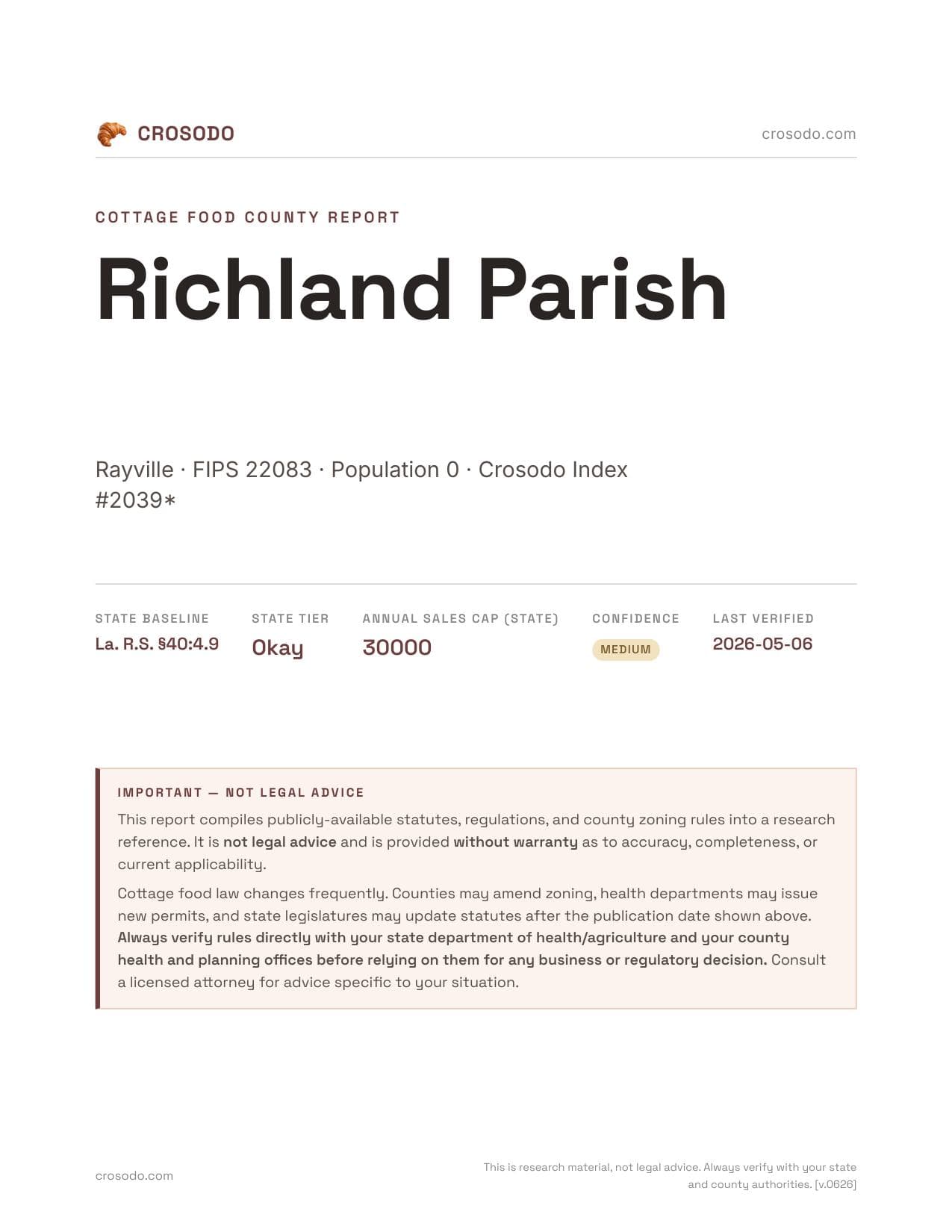 Cover of Richland Parish county cottage food report