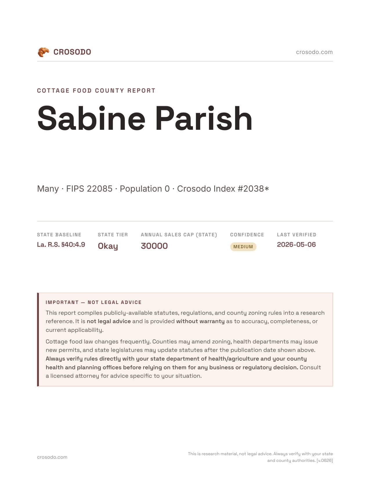 Cover of Sabine Parish county cottage food report