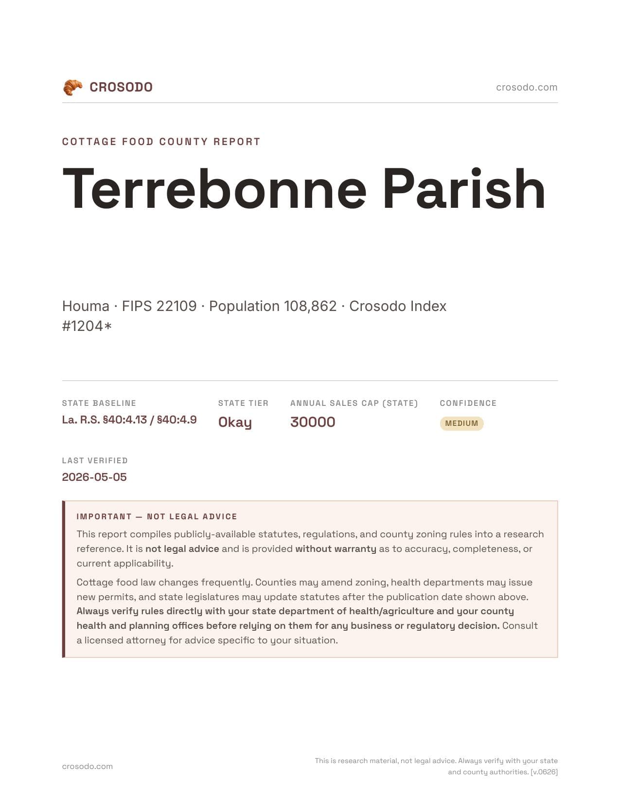 Cover of Terrebonne Parish county cottage food report