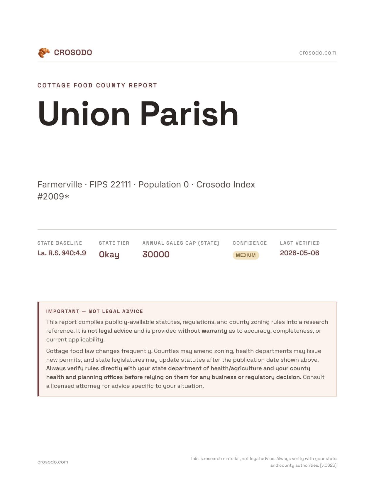 Cover of Union Parish county cottage food report