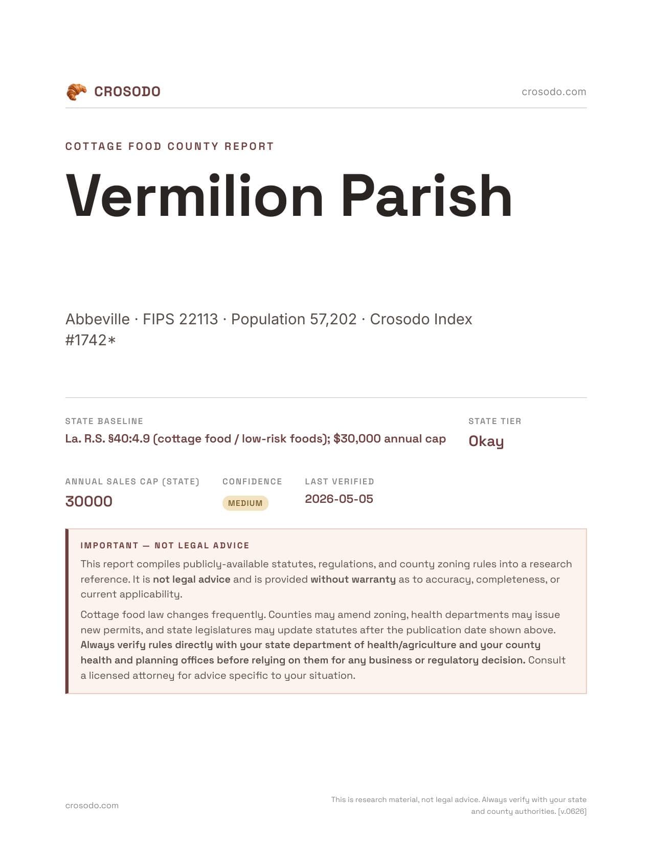Cover of Vermilion Parish county cottage food report