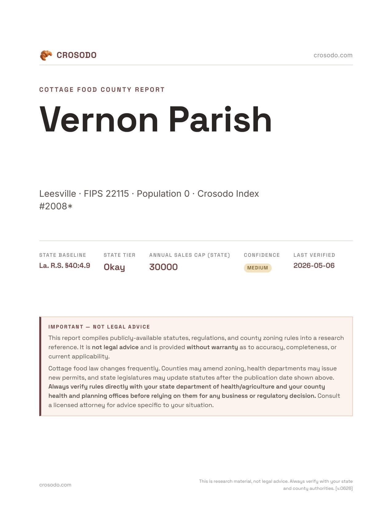 Cover of Vernon Parish county cottage food report