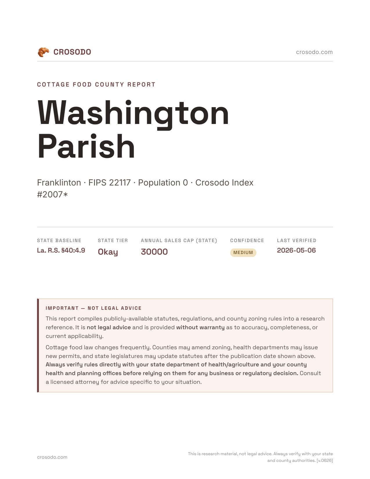 Cover of Washington Parish county cottage food report