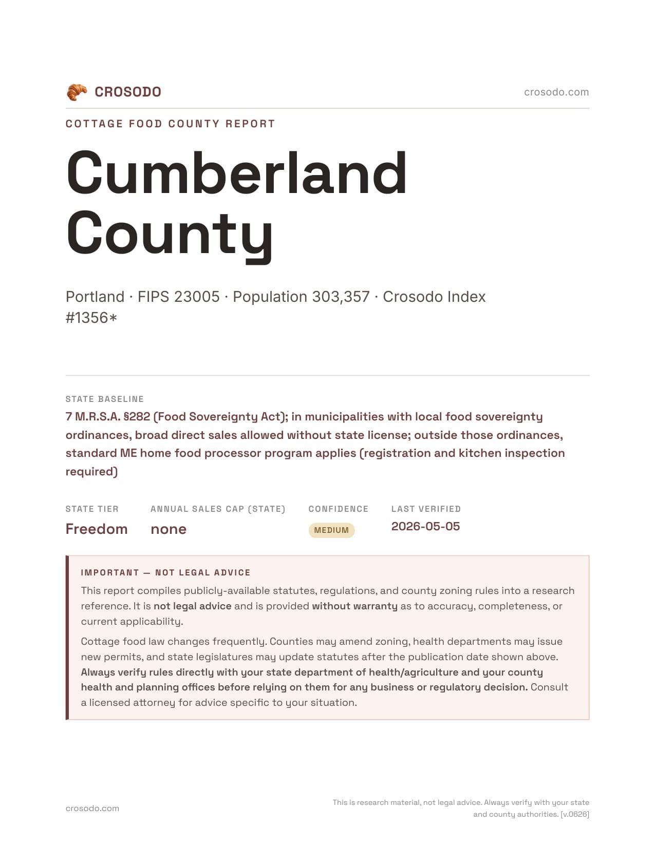 Cover of Cumberland County county cottage food report