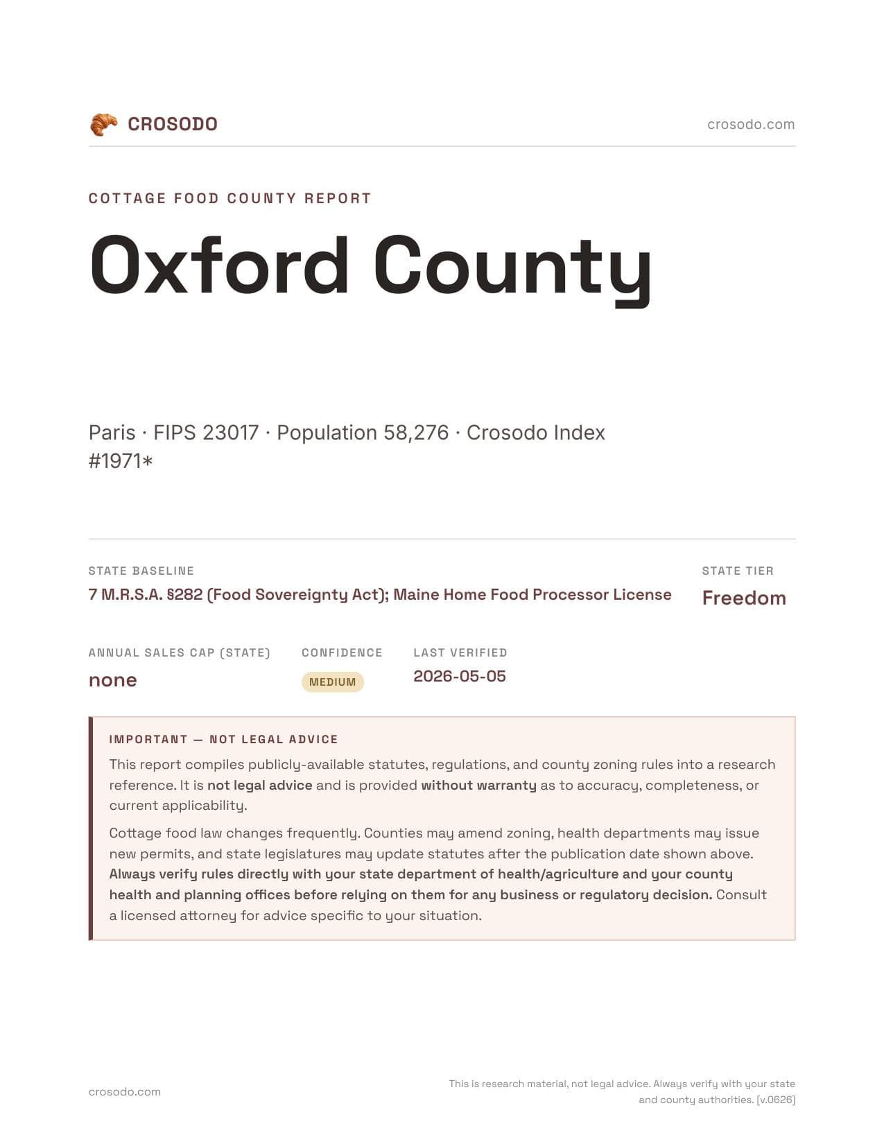 Cover of Oxford County county cottage food report