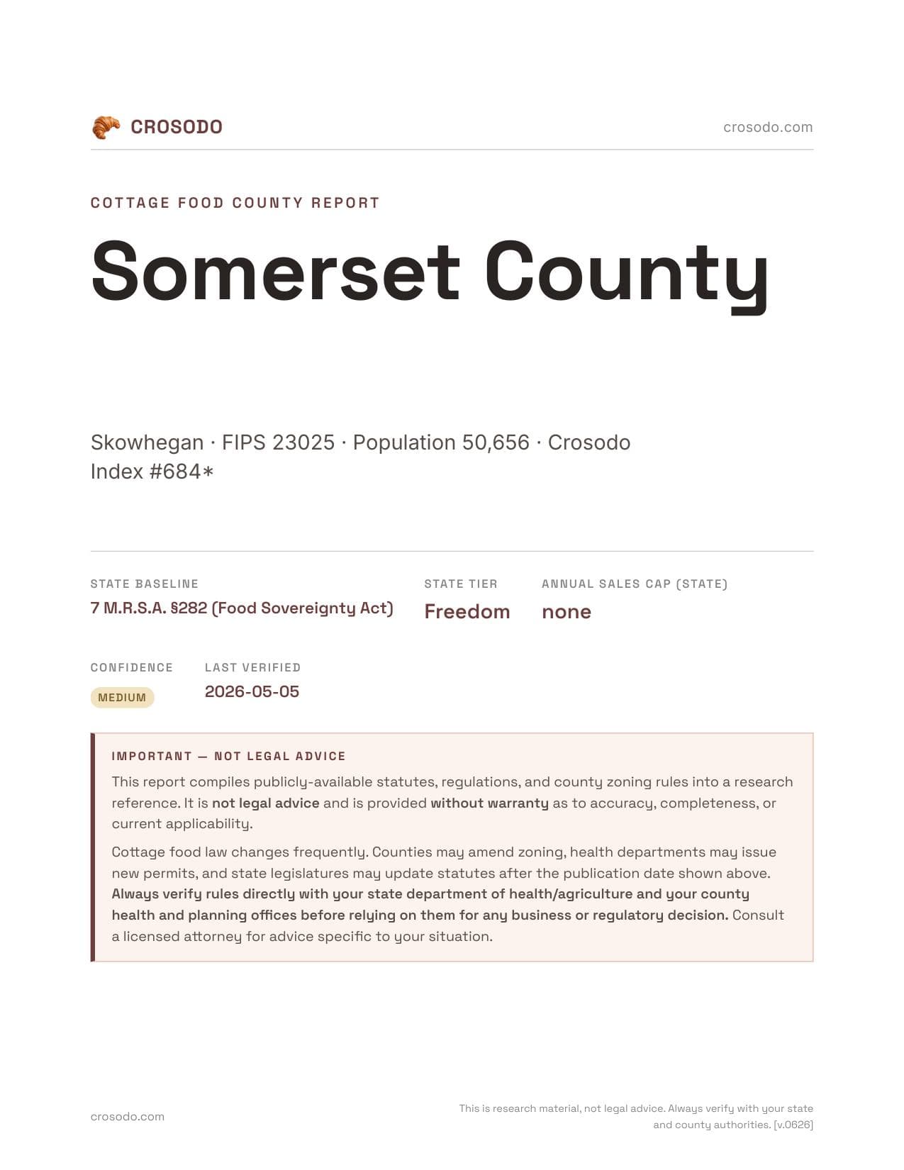 Cover of Somerset County county cottage food report
