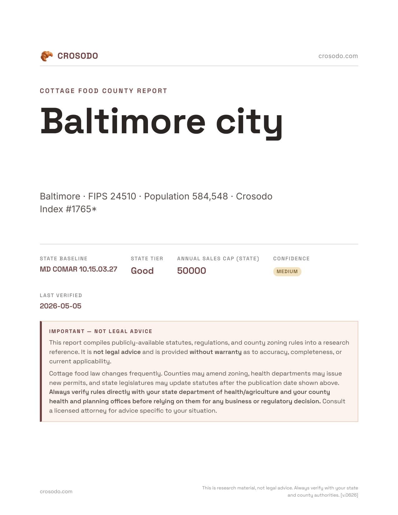 Cover of Baltimore city county cottage food report