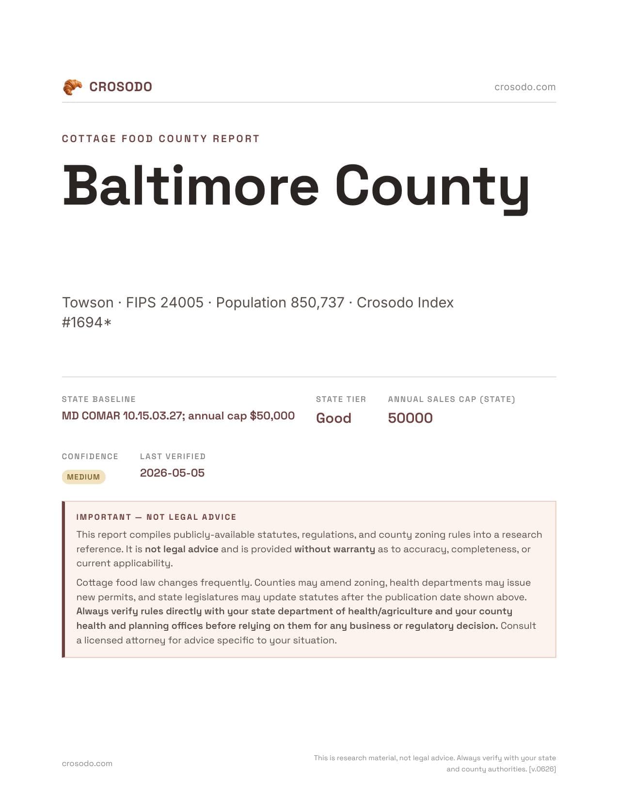 Cover of Baltimore County county cottage food report