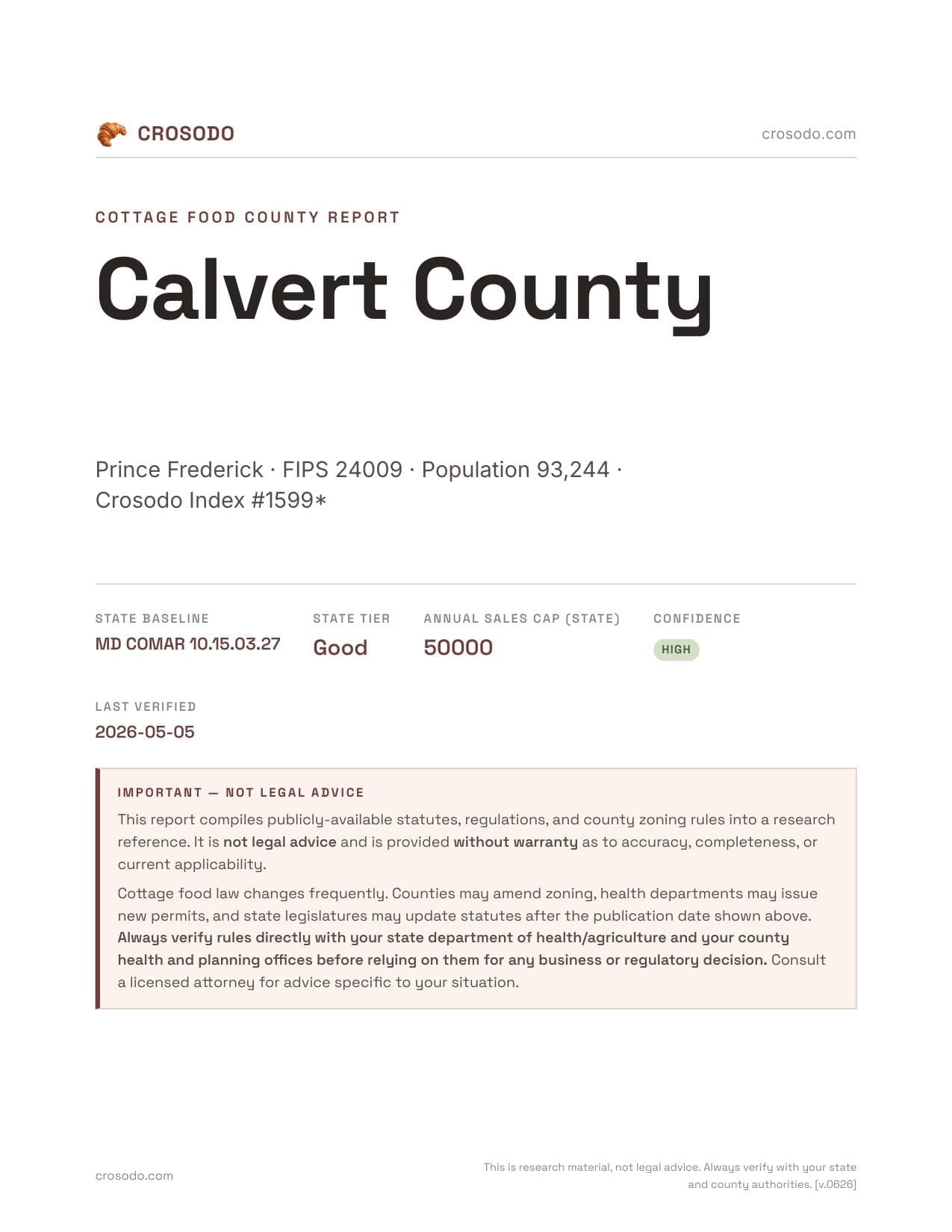 Cover of Calvert County county cottage food report