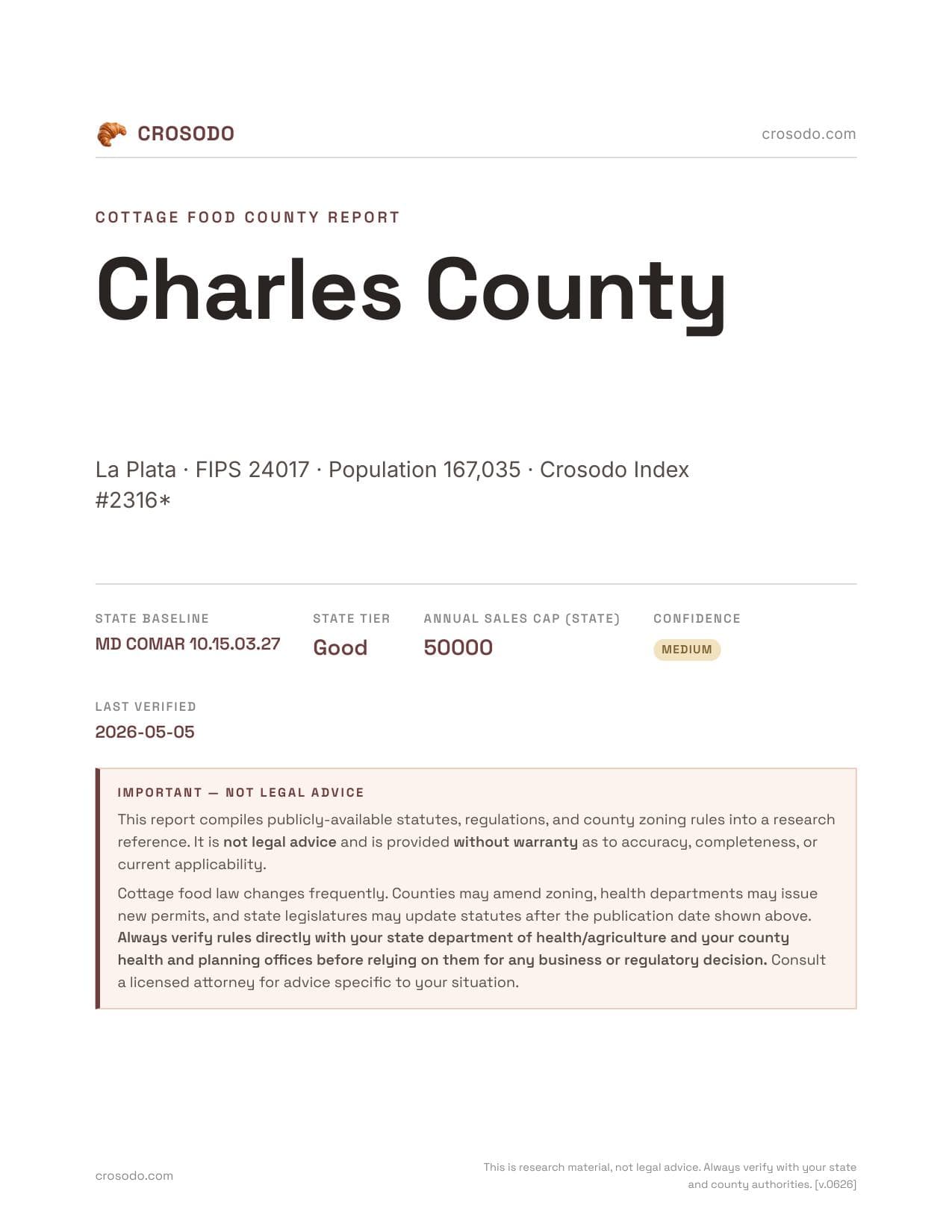 Cover of Charles County county cottage food report